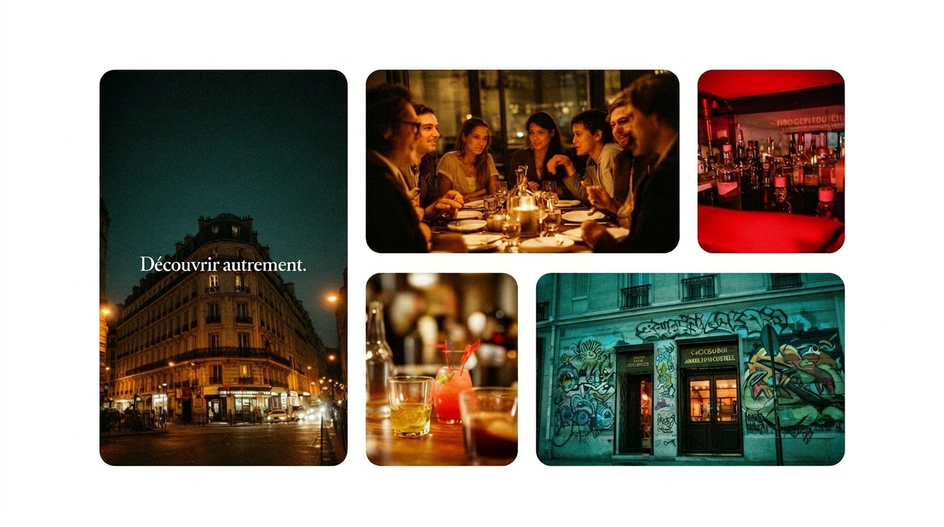 Collection de six photos illustrant la vie urbaine nocturne : une rue avec un bâtiment emblématique, un groupe d'amis dîner en ville, un bar avec des bouteilles, deux cocktails colorés, une façade de restaurant avec graffiti et un intérieur de bar avec ambiance tamisée.