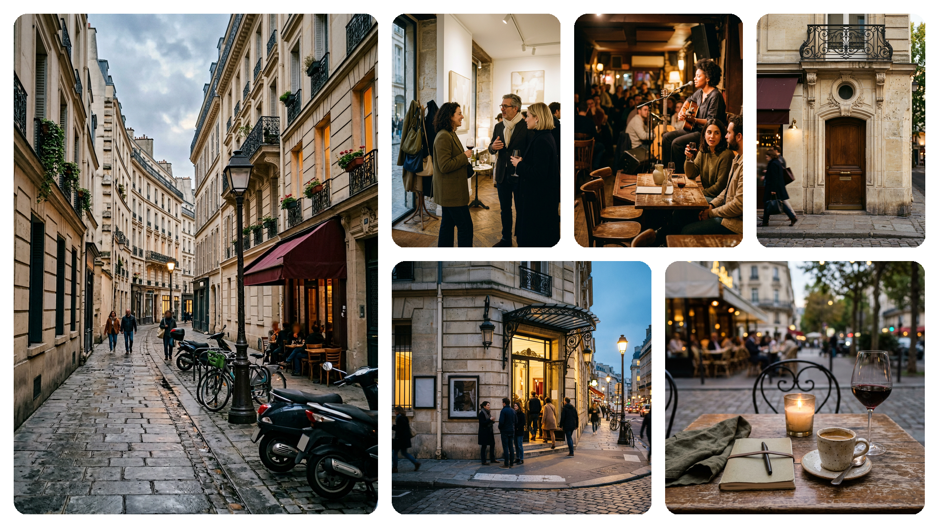 Scènes de la vie parisienne : ruelle pavée avec cafés en terrasse, personnes discutant à l'intérieur d'un bar, décor chaleureux avec musiciens live, une porte ancienne, des passants dans la rue, table avec café, vin, bougie, et carnet.