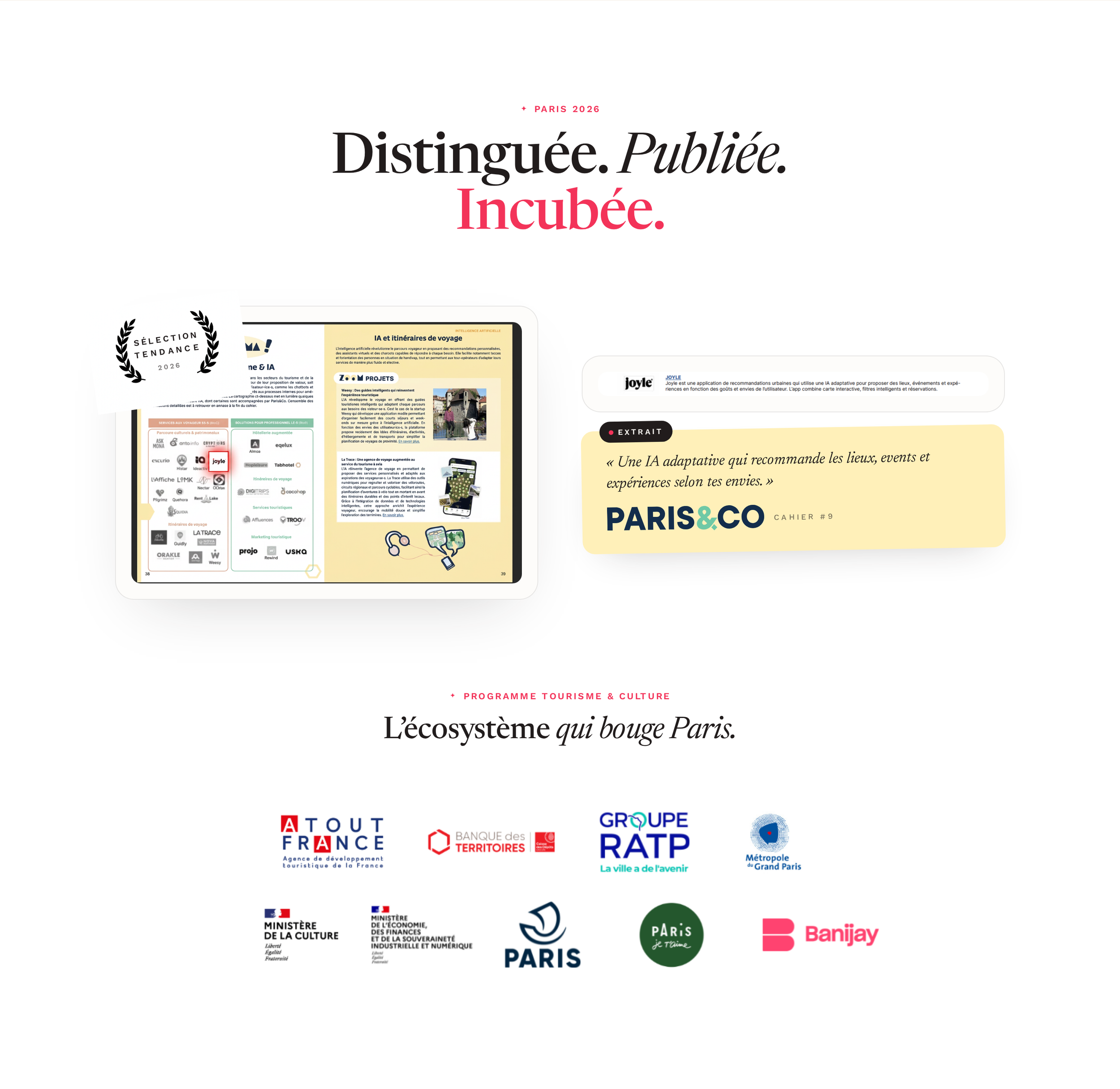 Page de présentation avec le titre "Distinguée. Publiée. Incubée." et diverses logos d'organisations françaises, notamment le ministère de la Culture, le groupe RATP, et d'autres agences et initiatives culturelles et touristiques dans un style graphique moderne.