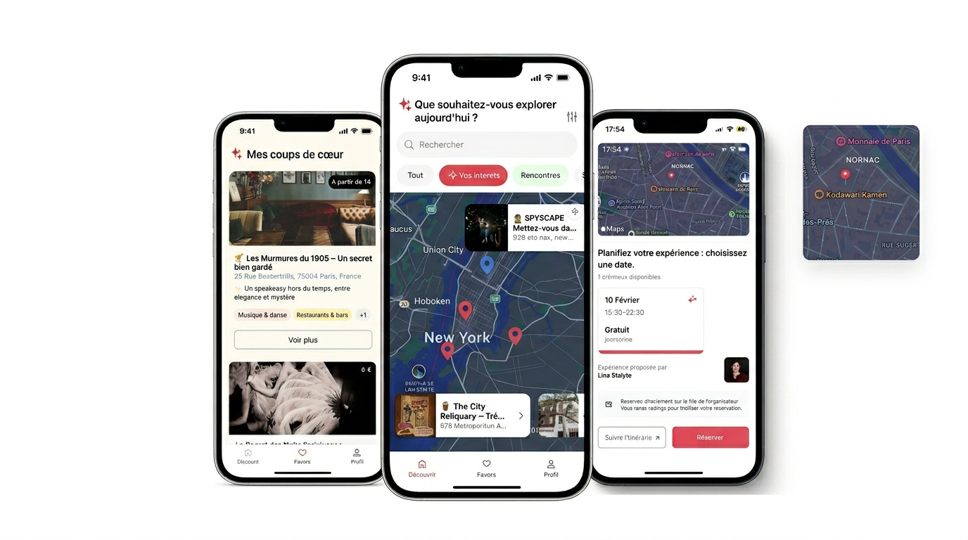 Quatre téléphones affichant différentes pages d'une application de voyage ou de localisation avec cartes et informations sur des événements et des lieux à New York.