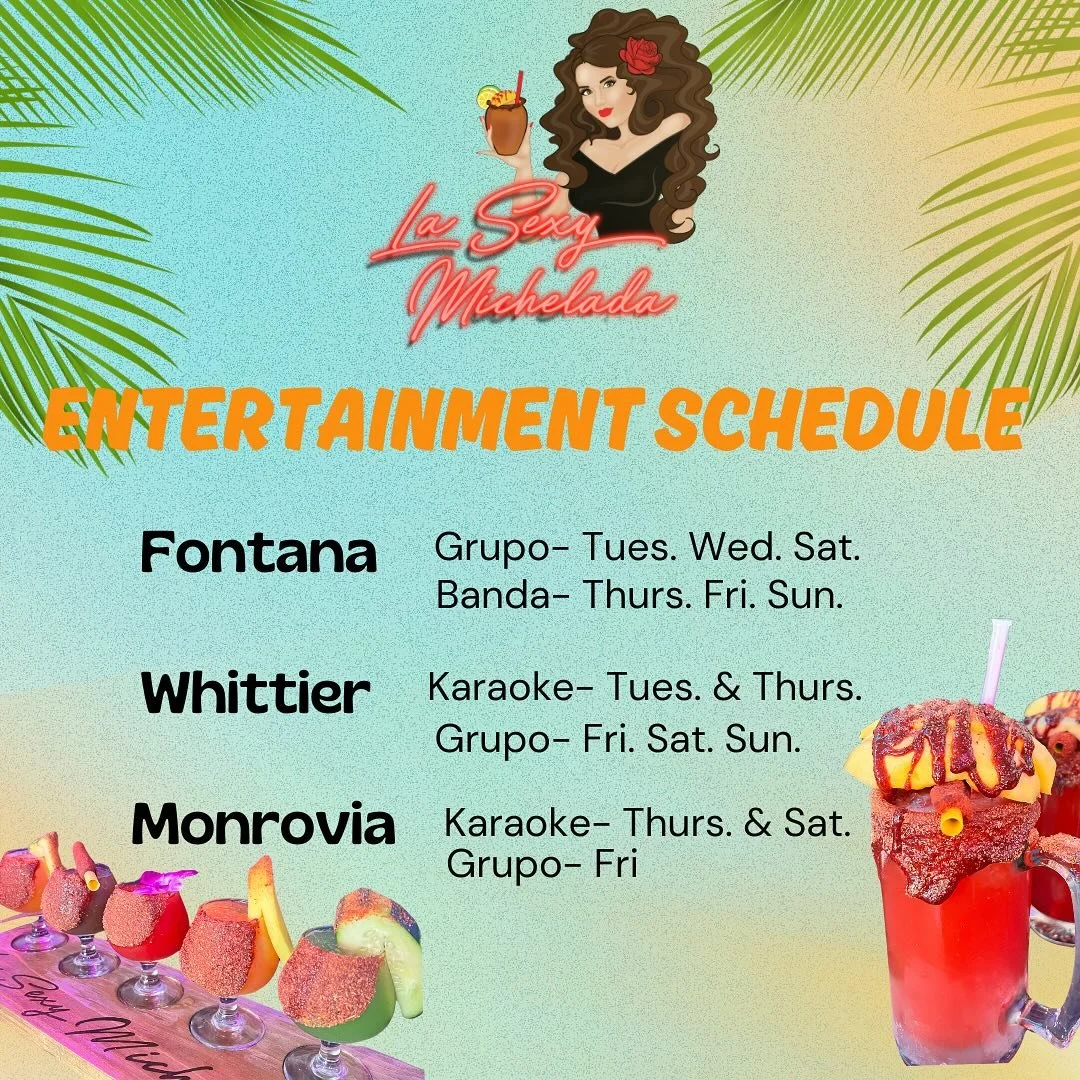 Come enjoy some Micheladas 🍻and Live entertainment every week this Summer at your favorite place 🌞 
📞 For more details! 
📍Fontana (909)346-0179
📍Whittier (562)325-5040
📍Monrovia (626)408-5326
#lasexymichelada #micheladas #banda #grupo#restauran