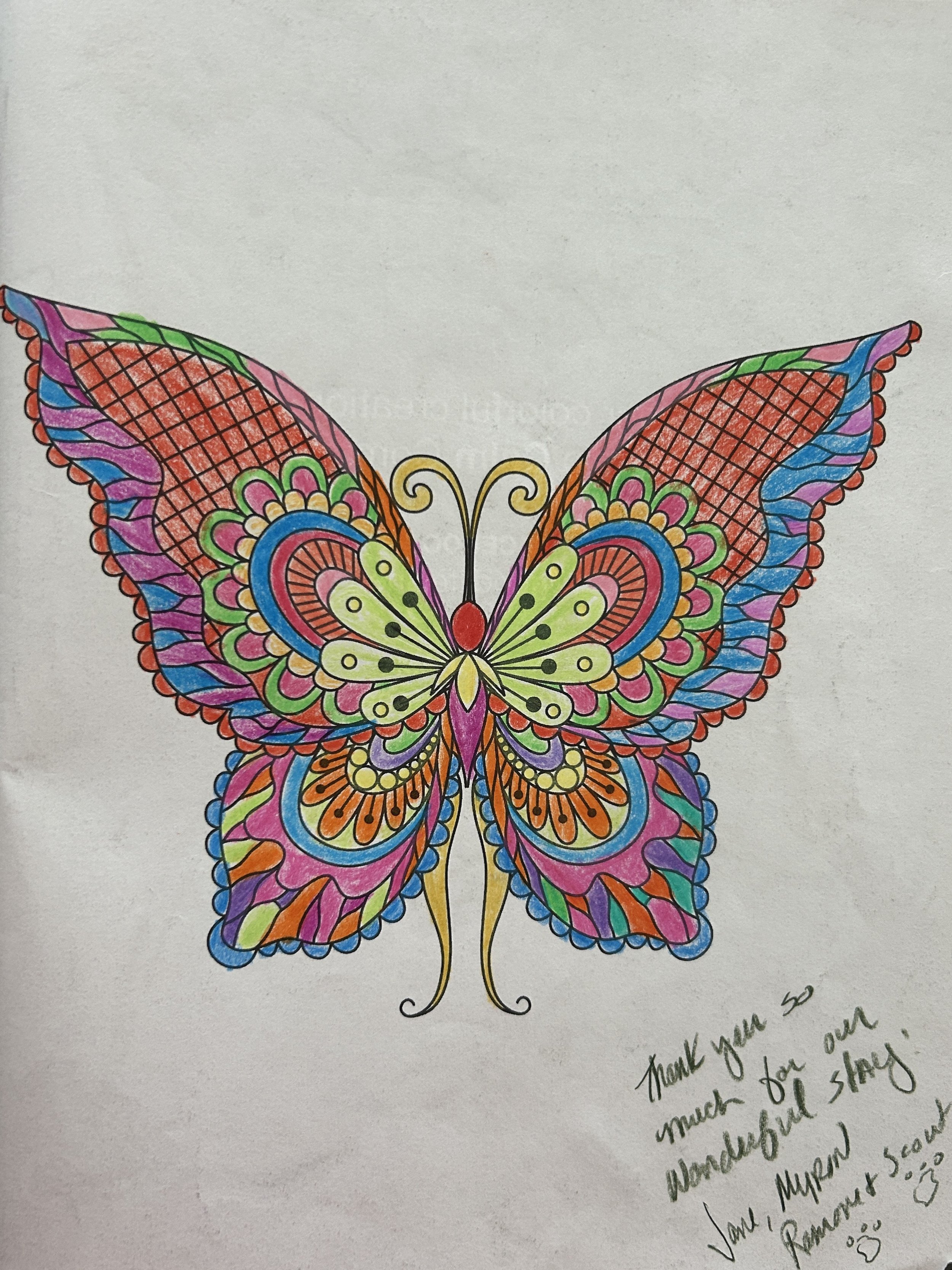Colorful coloring page of a butterfly with intricate patterns and vibrant shades.