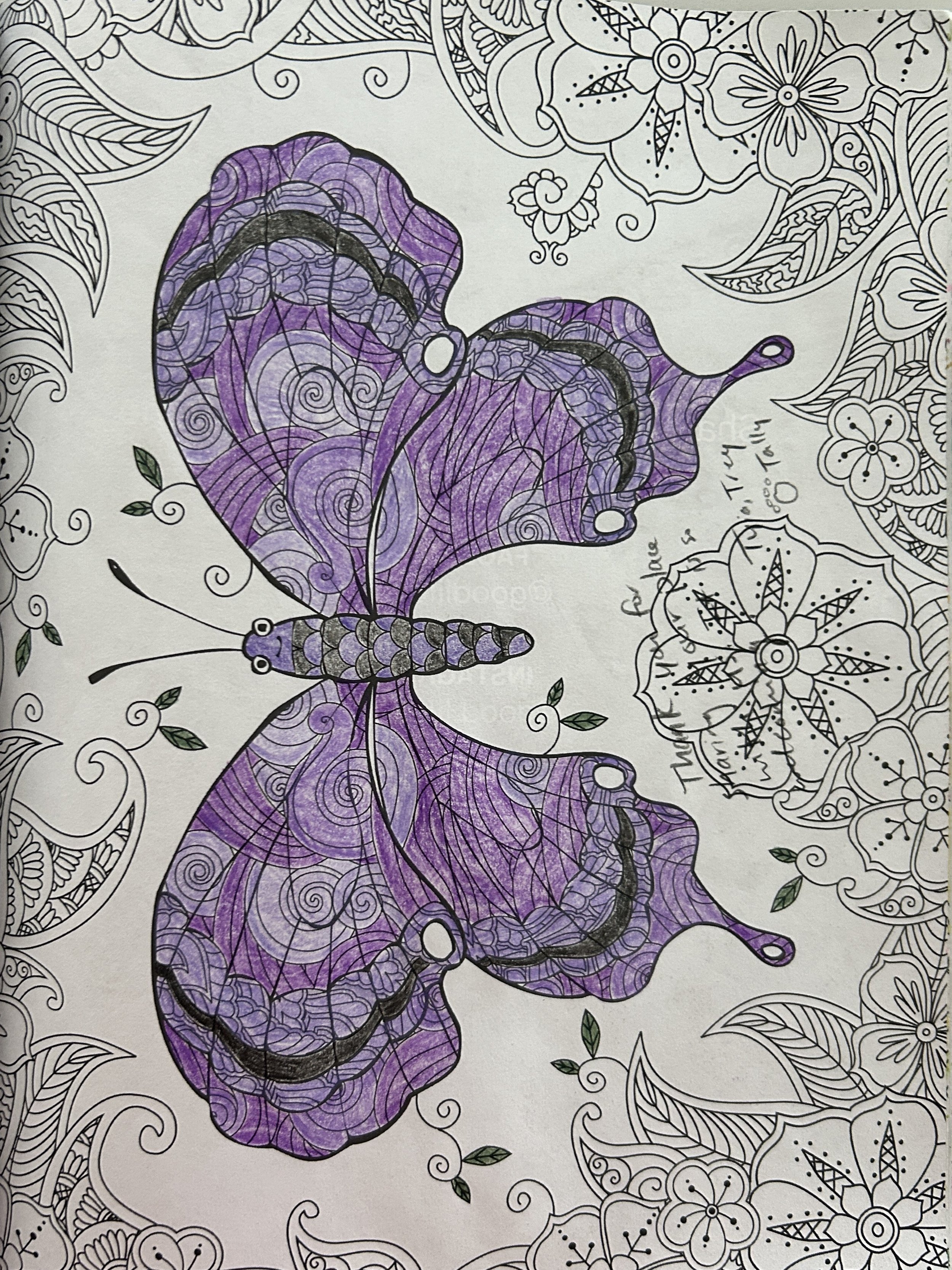 A coloring page featuring a purple and black butterfly with intricate swirling wing patterns, surrounded by detailed floral and leafy designs in black and white.