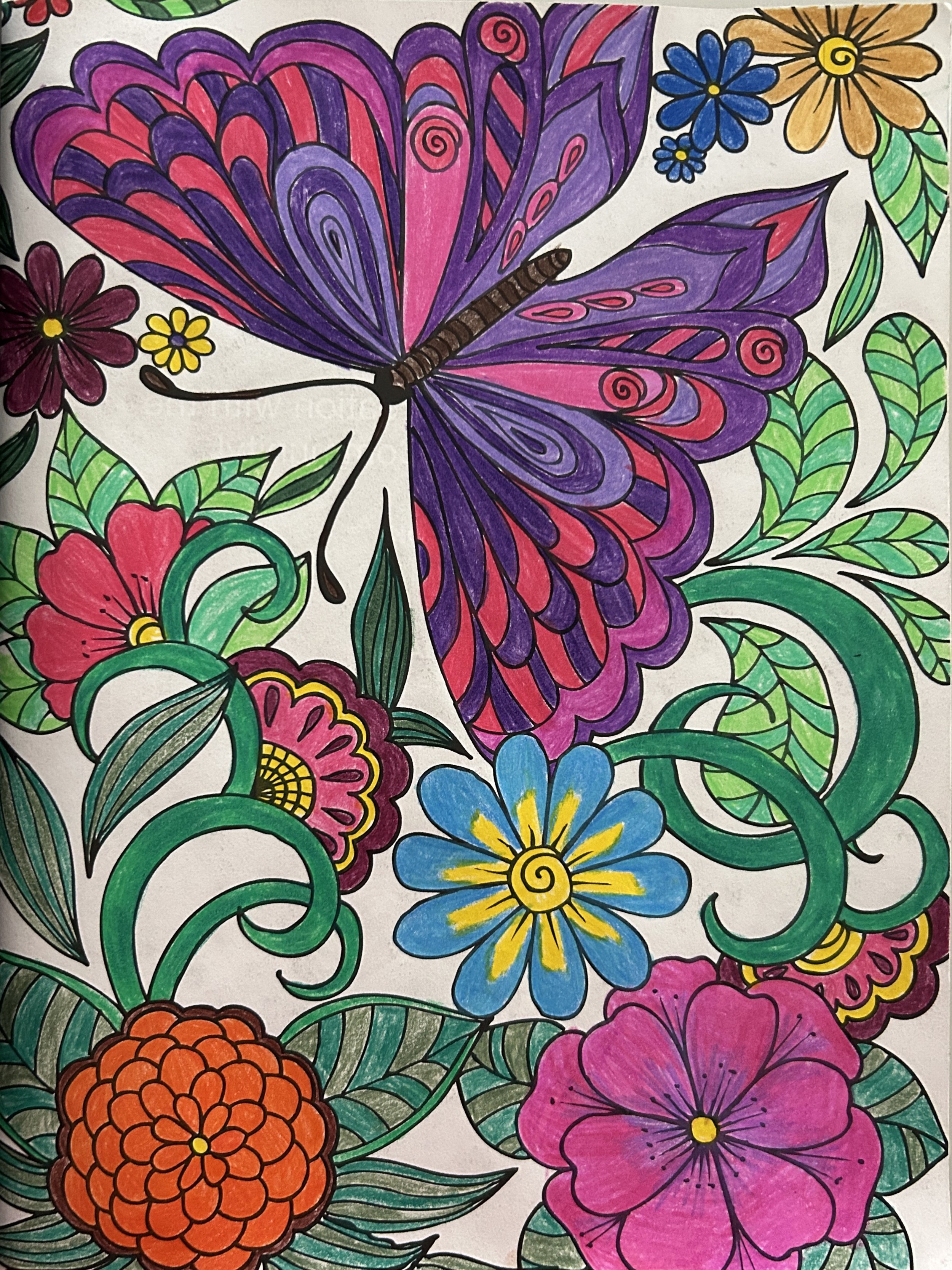 A colorful drawing of a butterfly surrounded by various flowers and leaves, with intricate patterns and bright colors.