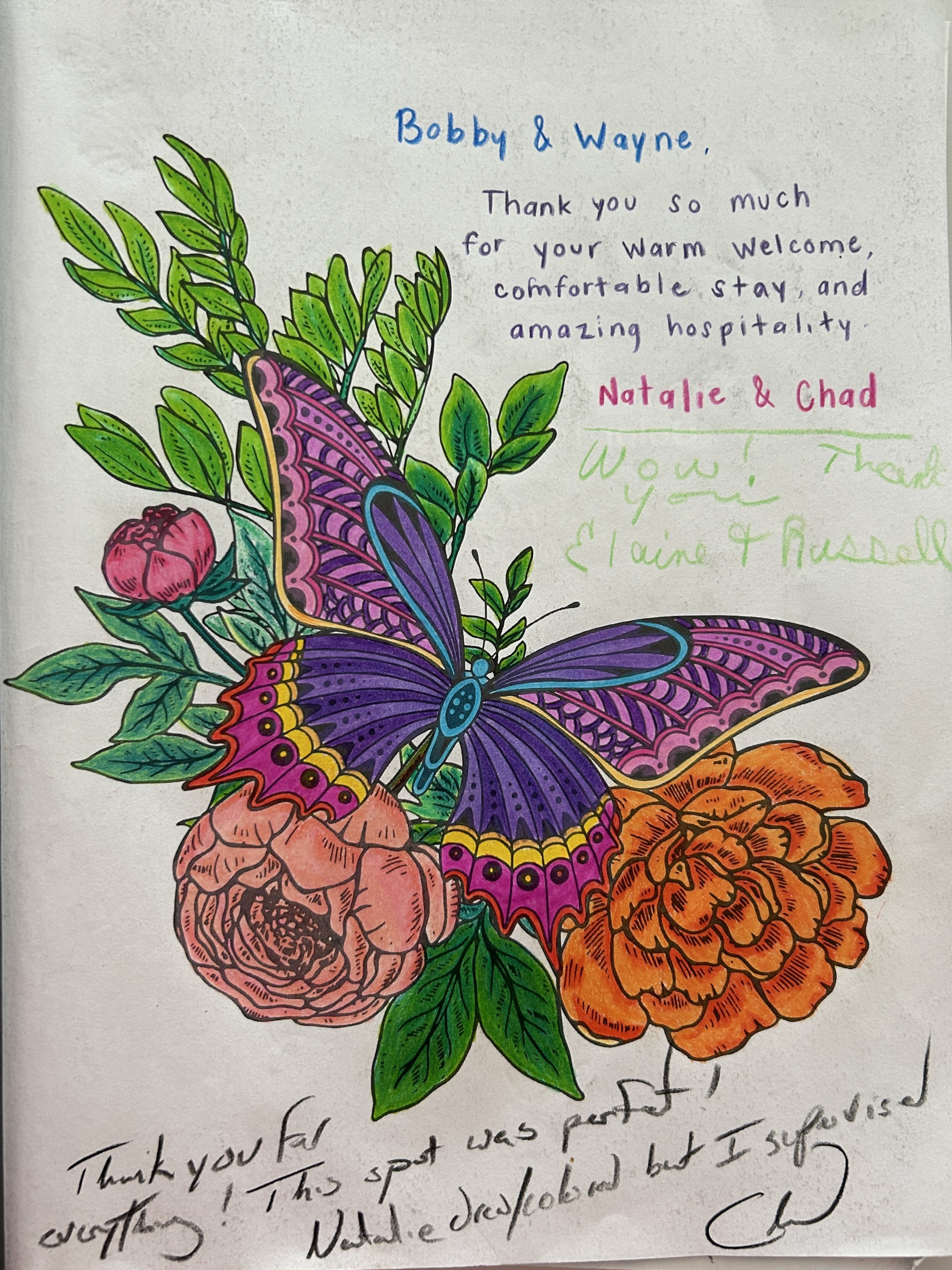 A colorful hand-drawn thank you note with illustrations of a purple butterfly, green leaves, a pink flower, and an orange flower. The note includes messages of gratitude from Natalie and Chad, with handwritten and printed text in various colors.