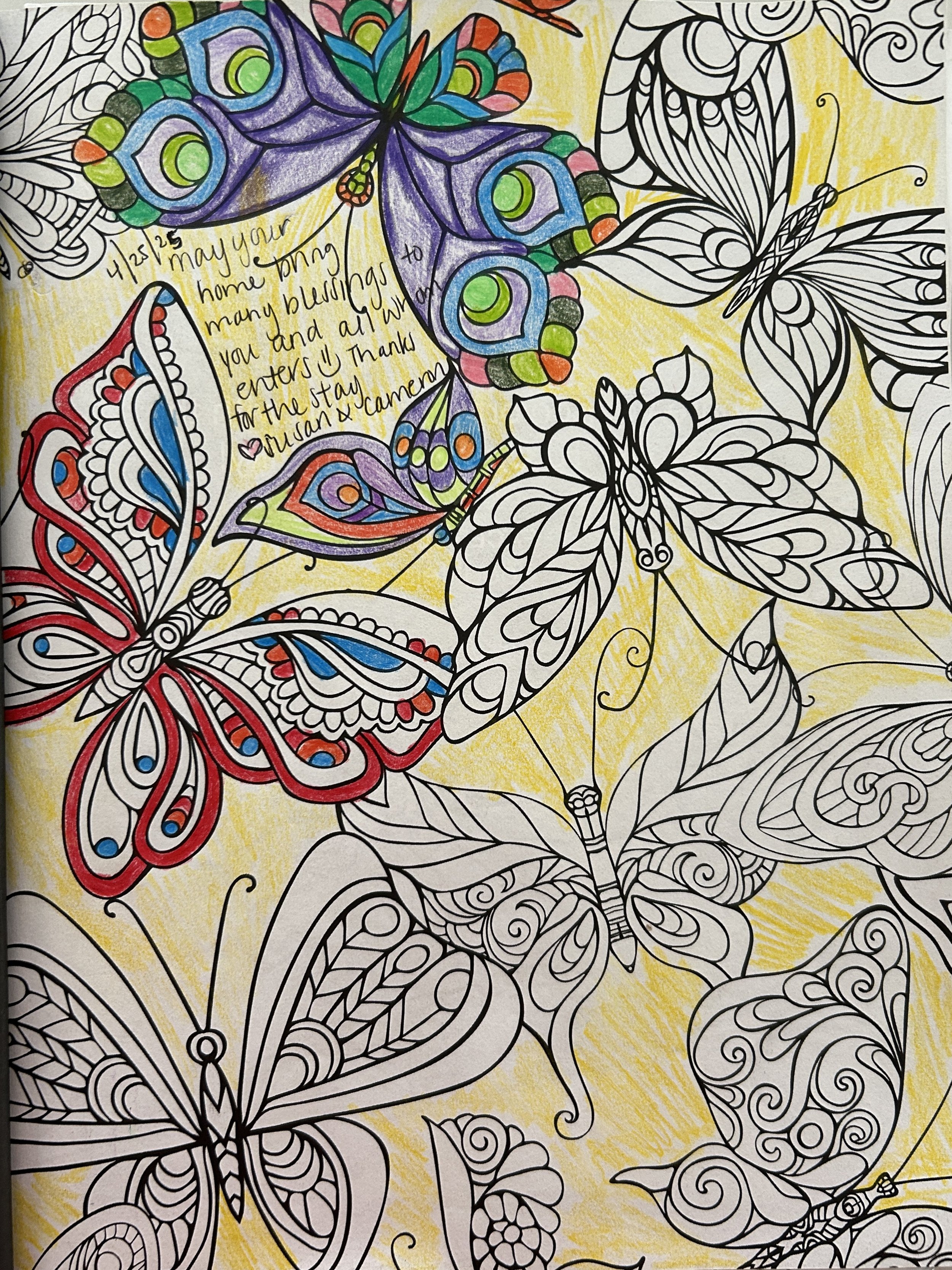Colorful and black-and-white butterfly and floral coloring page with handwritten note. The colored butterflies are purple, red, and blue with green, orange, and pink accents. The black-and-white butterflies and flowers have intricate patterns.
