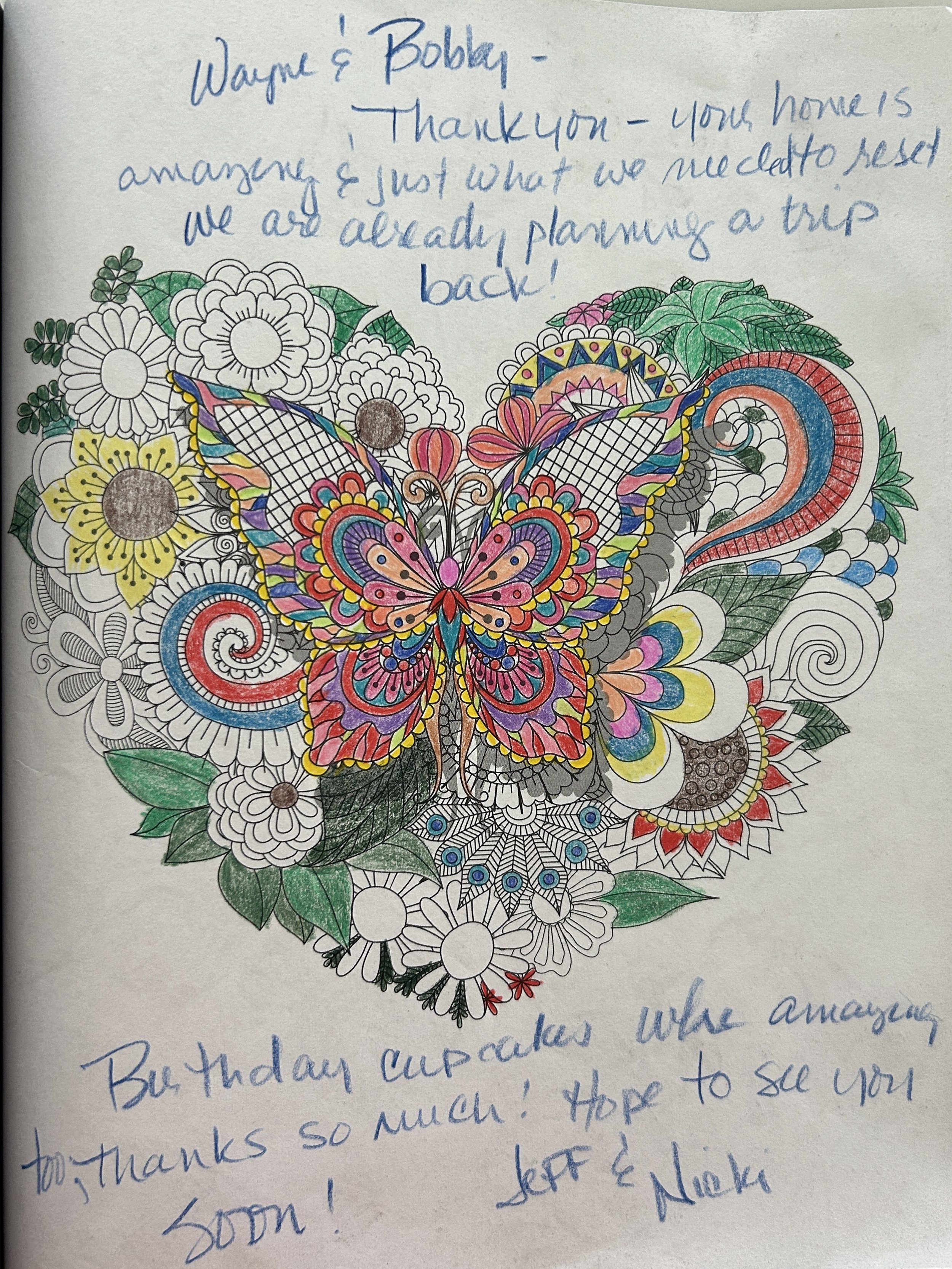 Colorful hand-colored butterfly surrounded by floral patterns in a coloring book, with handwritten notes above and below the illustration.