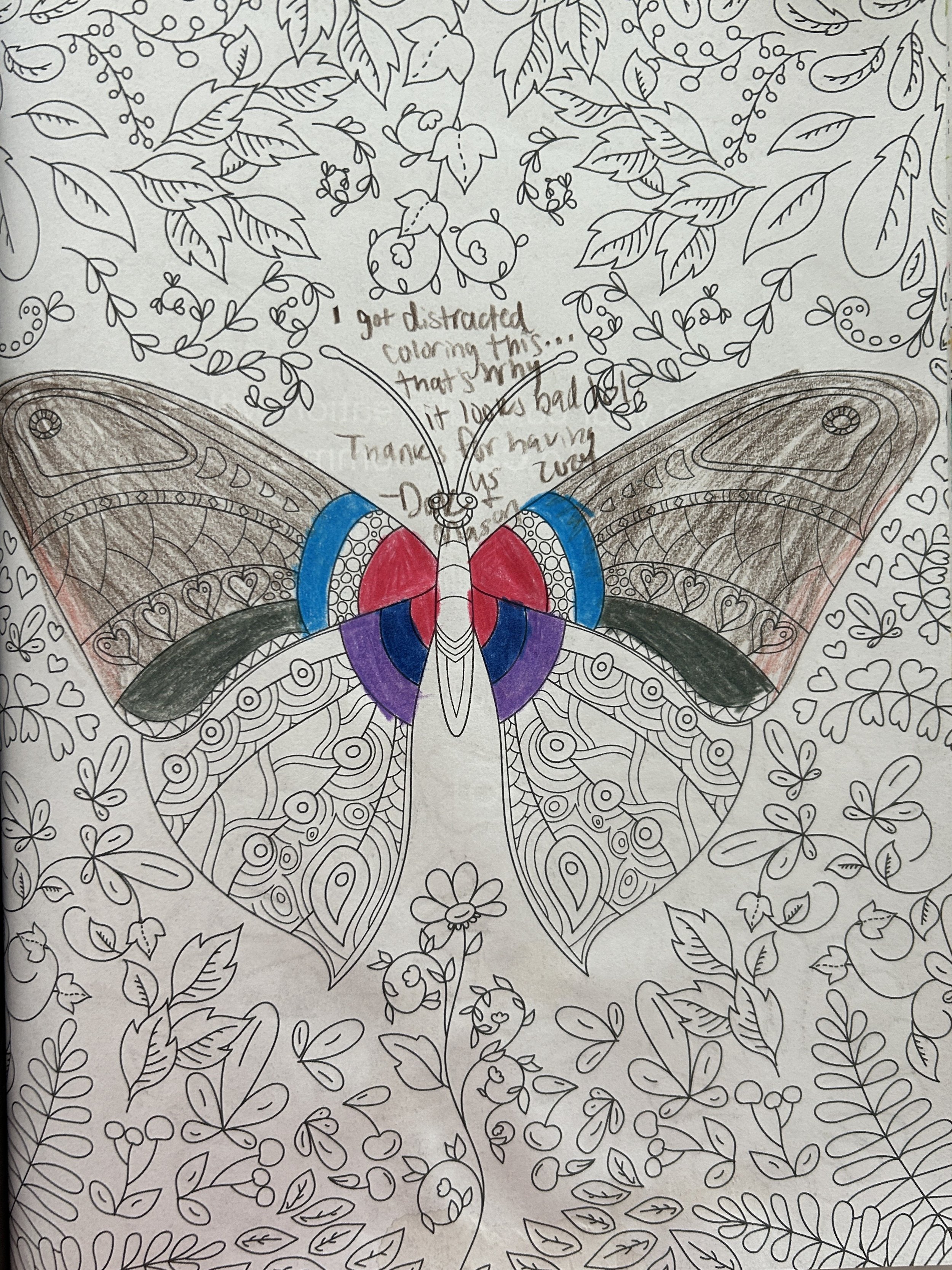 A partly colored intricate butterfly coloring page with floral and leaf patterns, and handwritten notes.