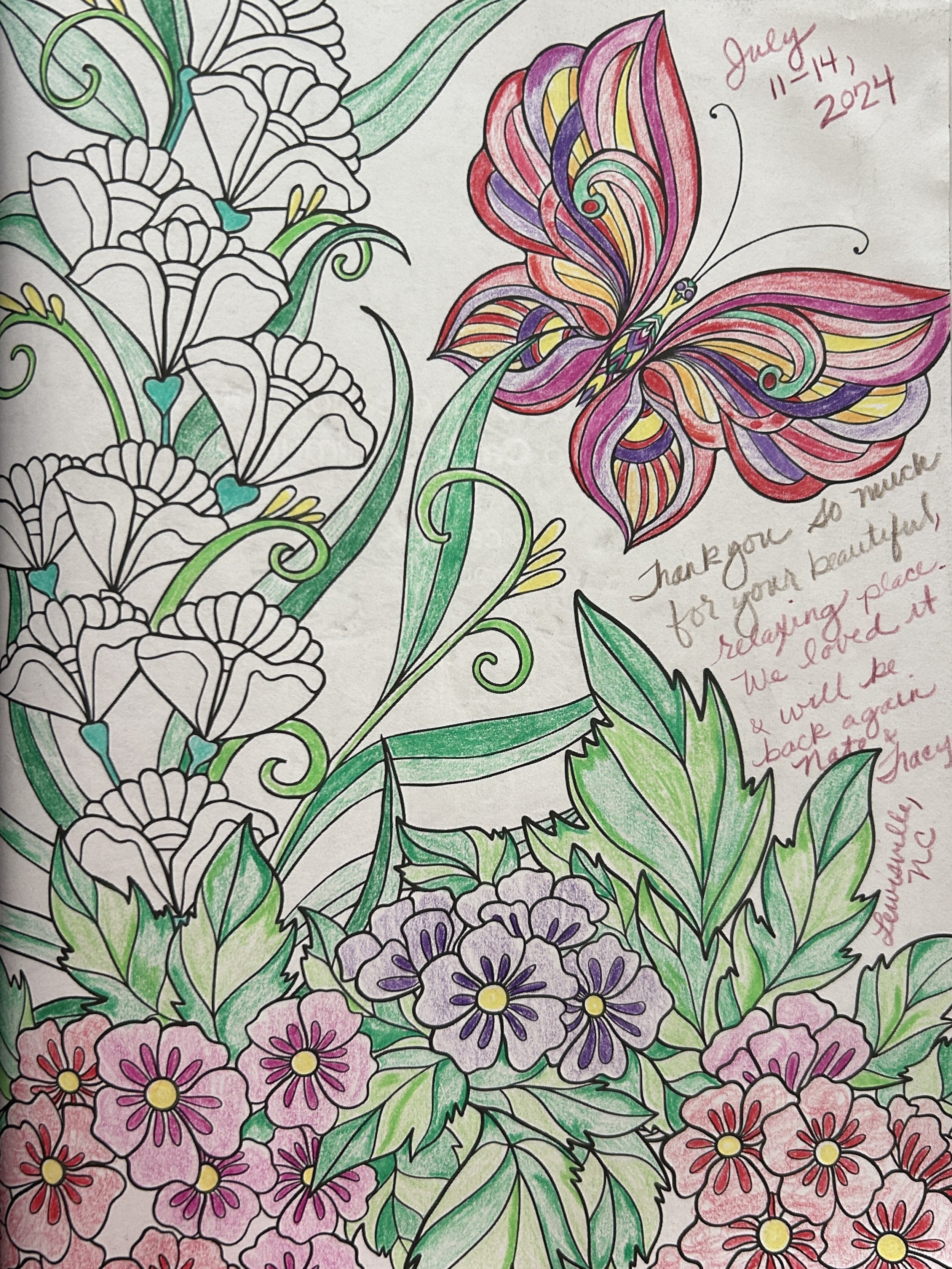 Colorful drawing of various flowers and a butterfly with handwritten notes and date.