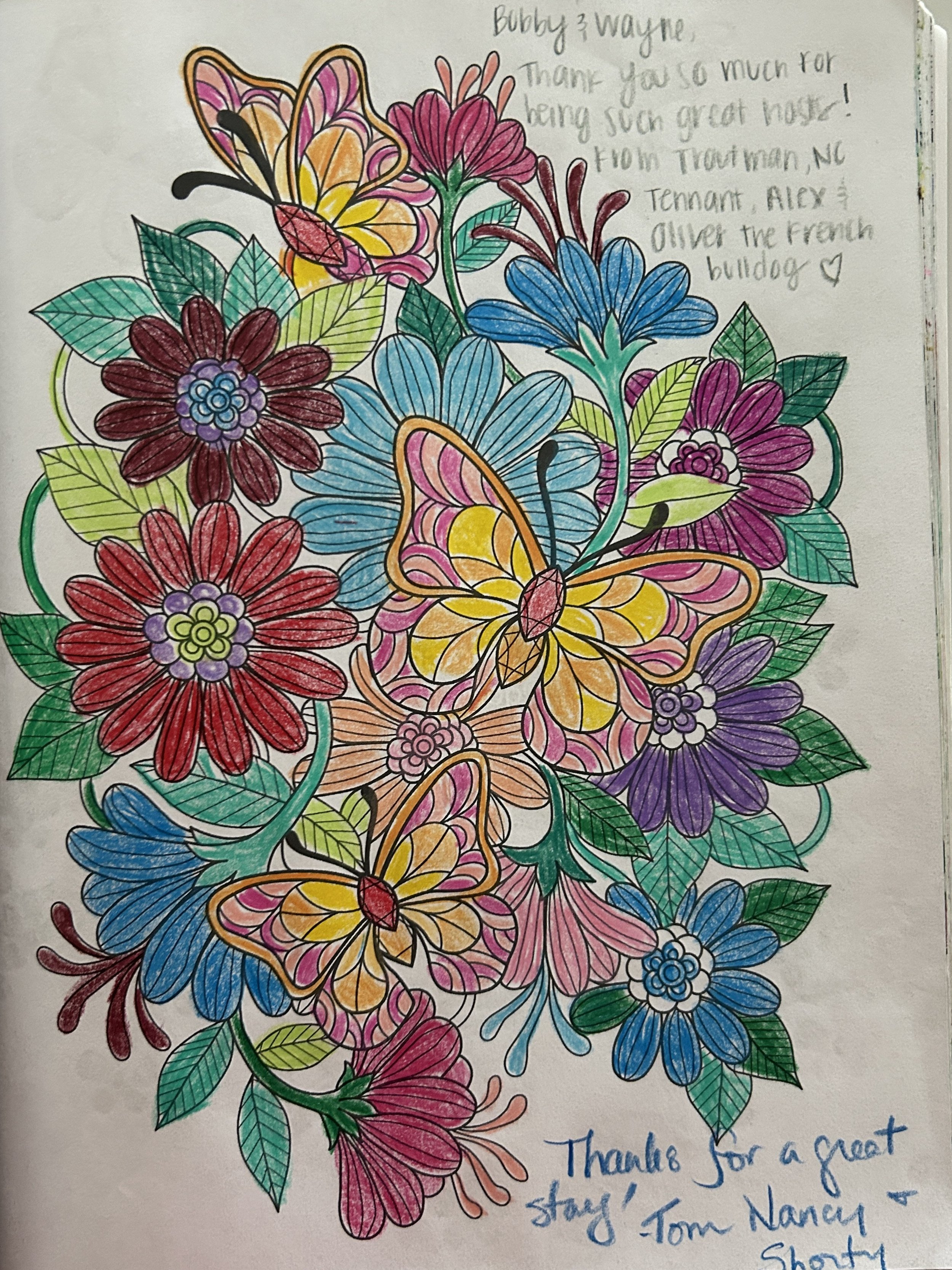 Colorful hand-drawn illustration of flowers and butterflies in various colors, with a handwritten note thanking Bubby Wayne and a message of appreciation.