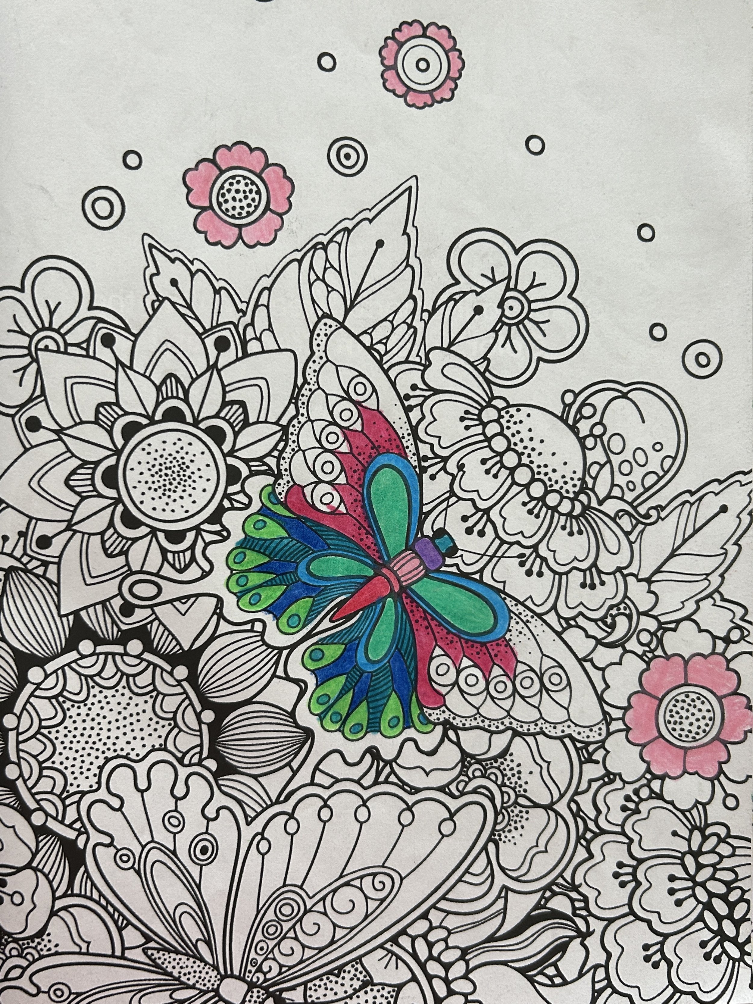Coloring page featuring a butterfly with vibrant colors and floral patterns in black and white.