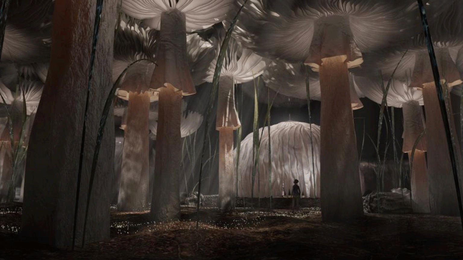GIF of immersive exhibition rendering showing people in a forest of tall mushrooms; the GIF animates fades in and out glowing roots under each person in the space