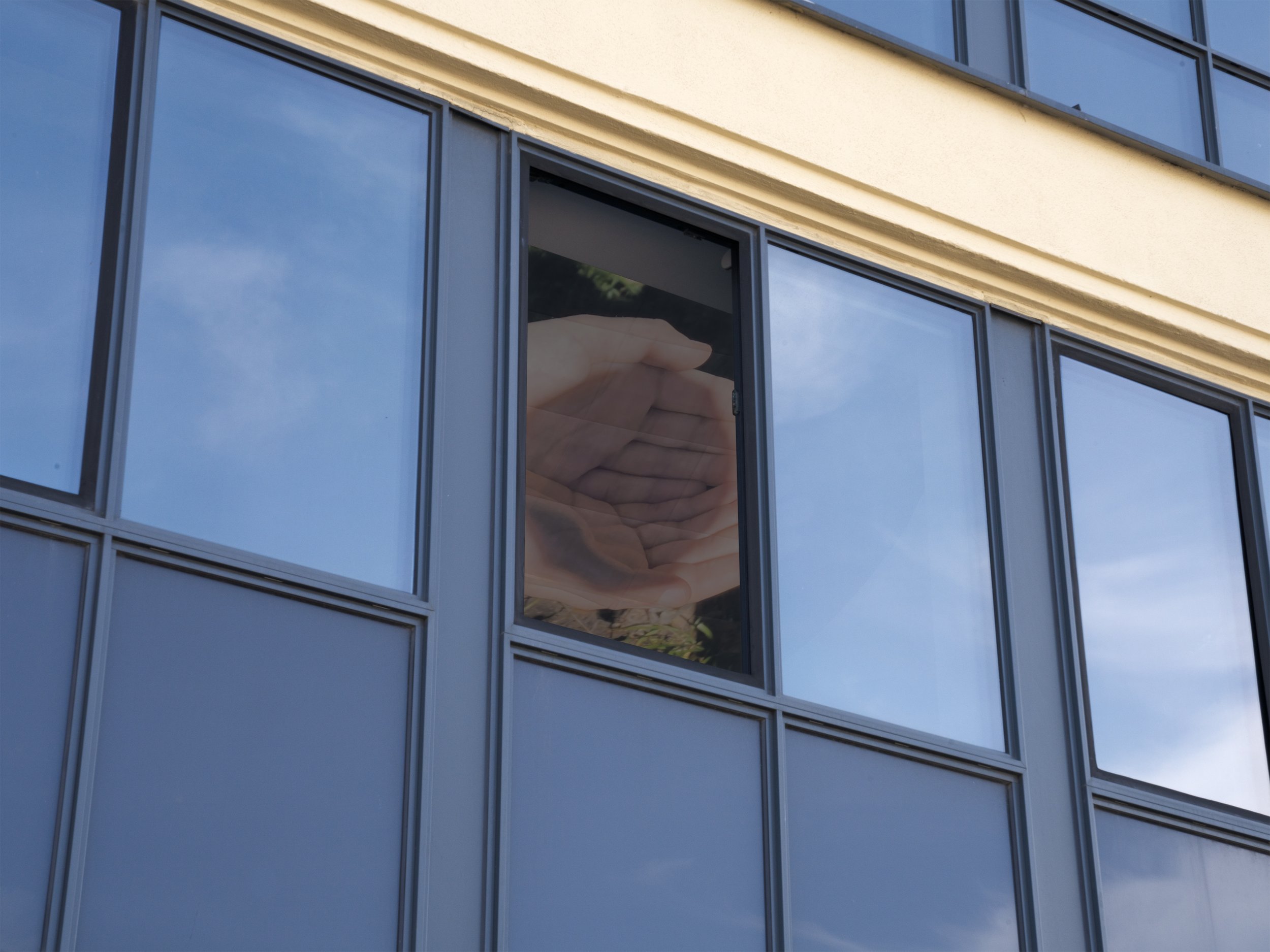 Evidence (installation view), 2025, glass mirror, aluminum, steel, laserjet prints, board, open window