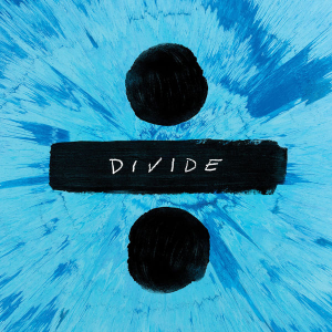 Abstract painting with a blue background, two black circles, and the word 'Divide' written on a black strip.