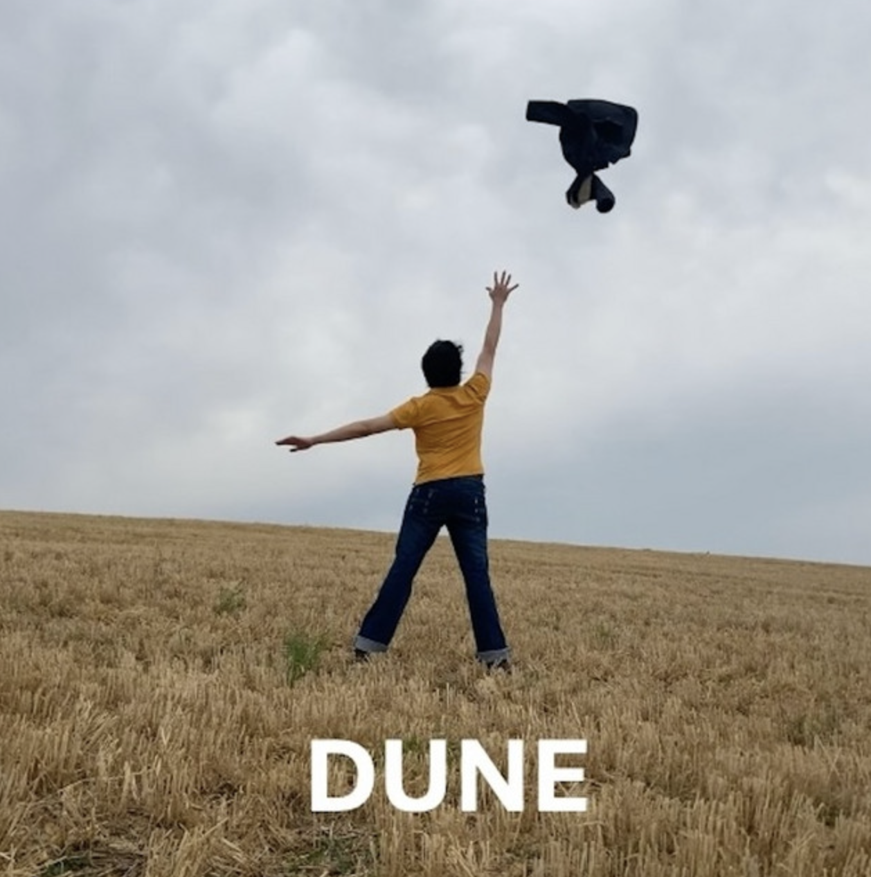 A person wearing a yellow shirt and jeans standing in a wheat field, throwing a jacket into the air under a cloudy sky, with the word 'DUNE' at the bottom.
