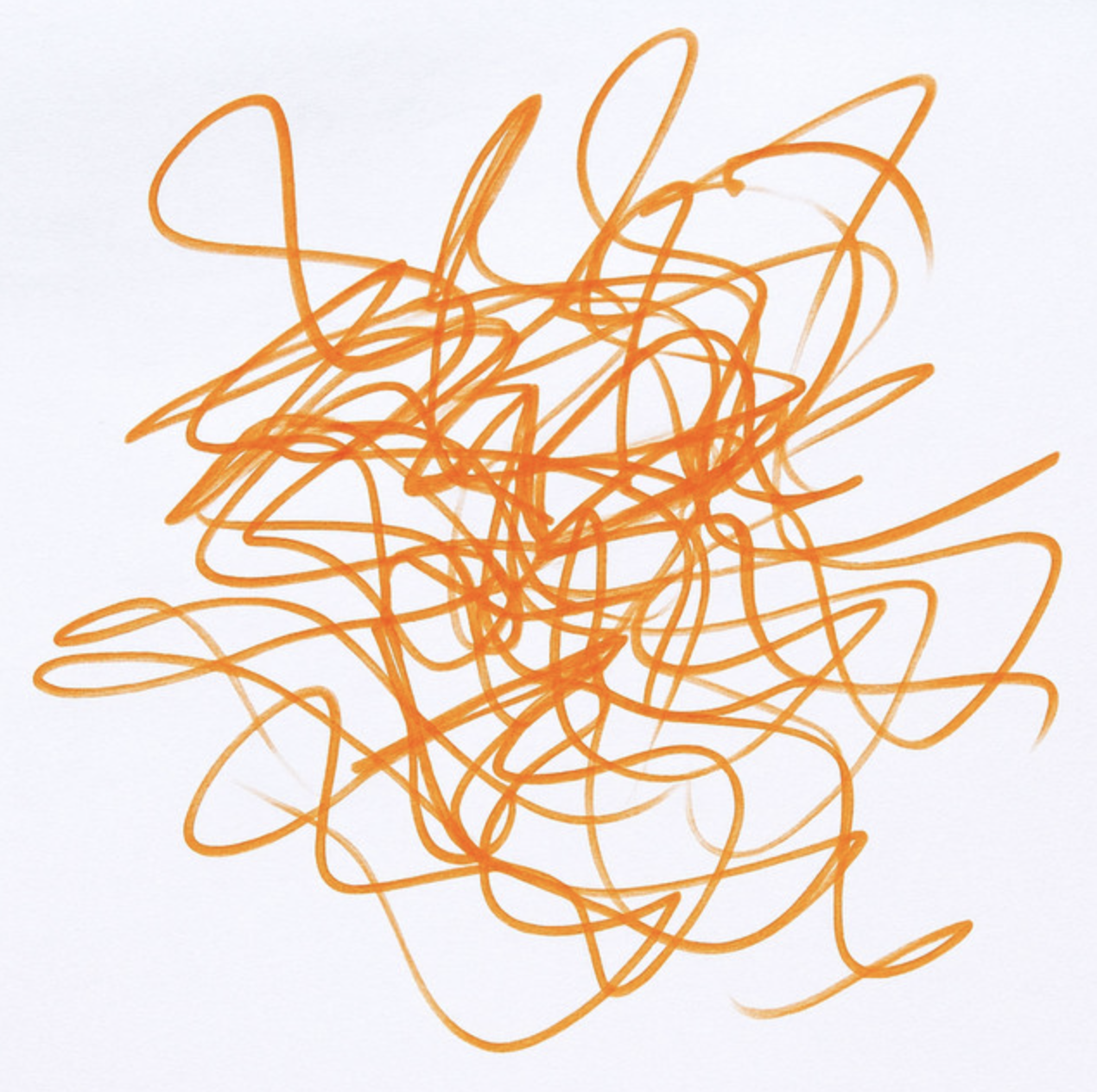 Abstract drawing of tangled orange lines on white background.