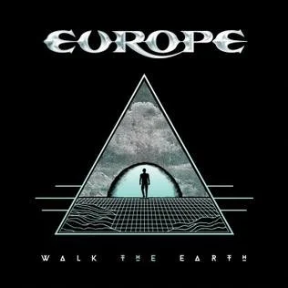 Graphic art of a person walking on Earth's surface, with a pyramid shape containing clouds and sky above, and the word "EUROPE" at the top and "WALK THE EARTH" at the bottom.
