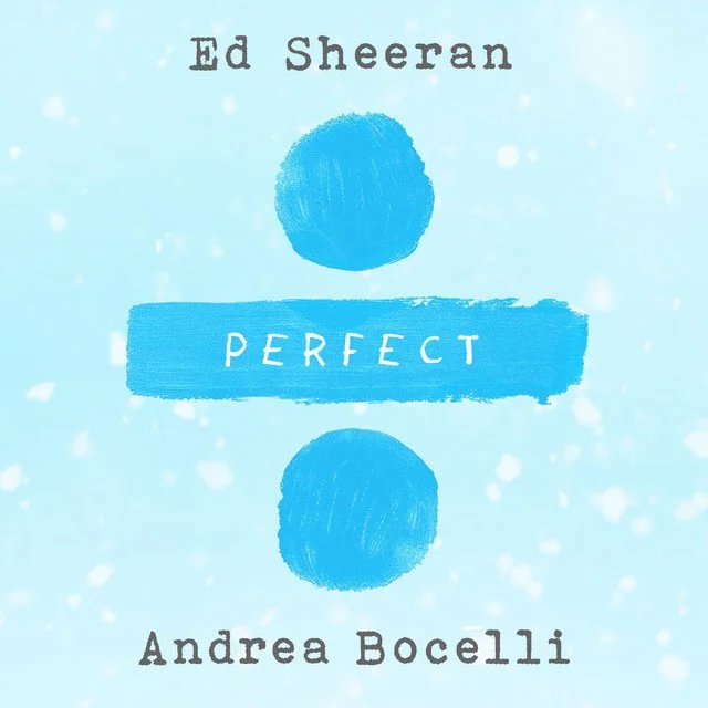 The book cover features a light blue background with white snow-like spots, the title 'Perfect' in white text on a blue brushstroke, and the authors' names Ed Sheeran and Andrea Bocelli