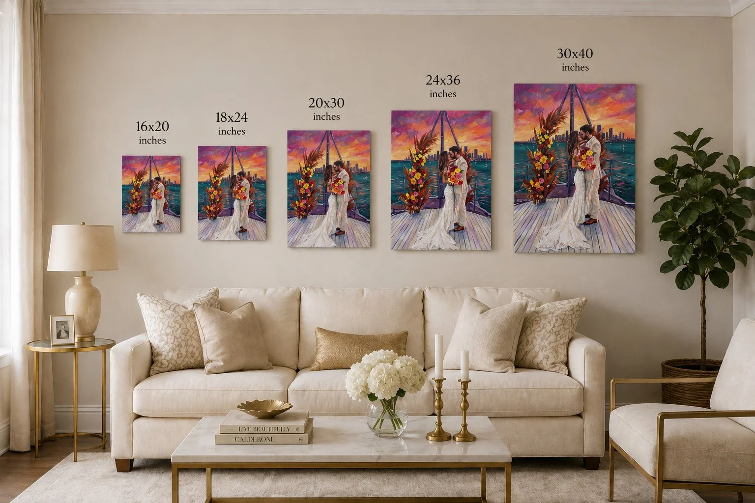 Wall with five paintings of the same scene in different sizes, depicting a couple on a boat holding a bouquet of flowers during sunset with a city skyline in the background, arranged from smallest to largest. The living room has a beige sofa with cushions, a side table with a lamp and photo frame, a coffee table with books, a flower vase, and candlesticks, and a tall potted plant.