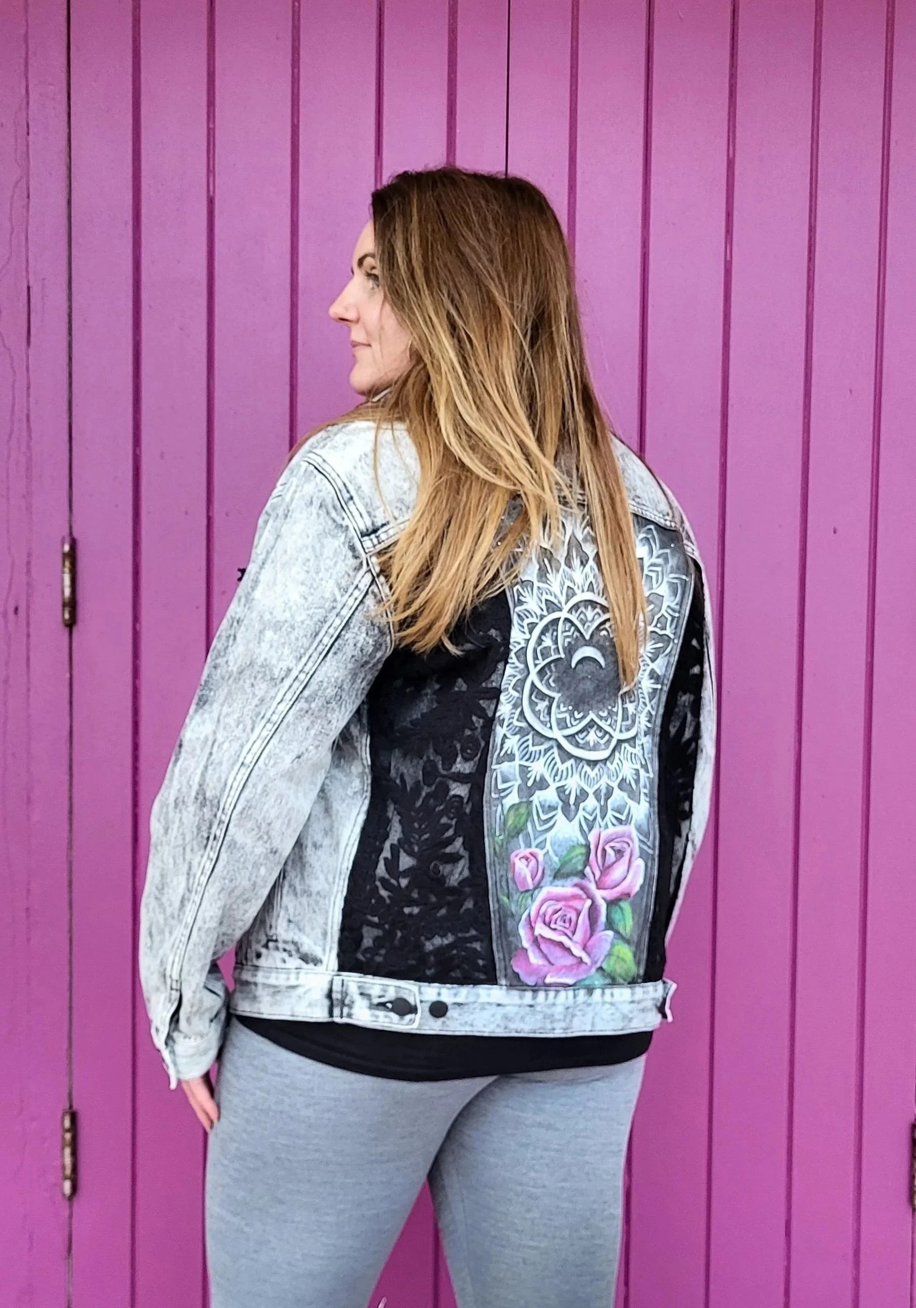 Upcycled painted denim jacket - sustainable fashion