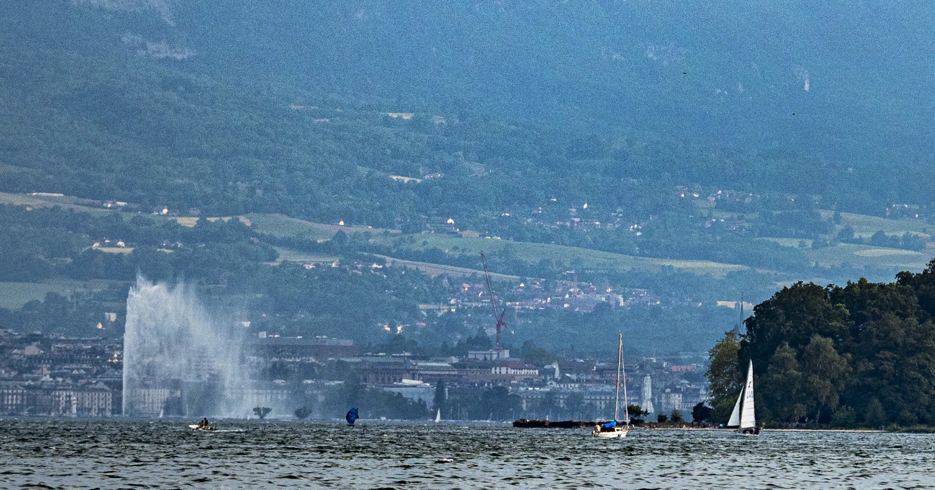 Looking down Lake Geneva from Mies towards Geneva. The Jet D'eau is clearly visible.