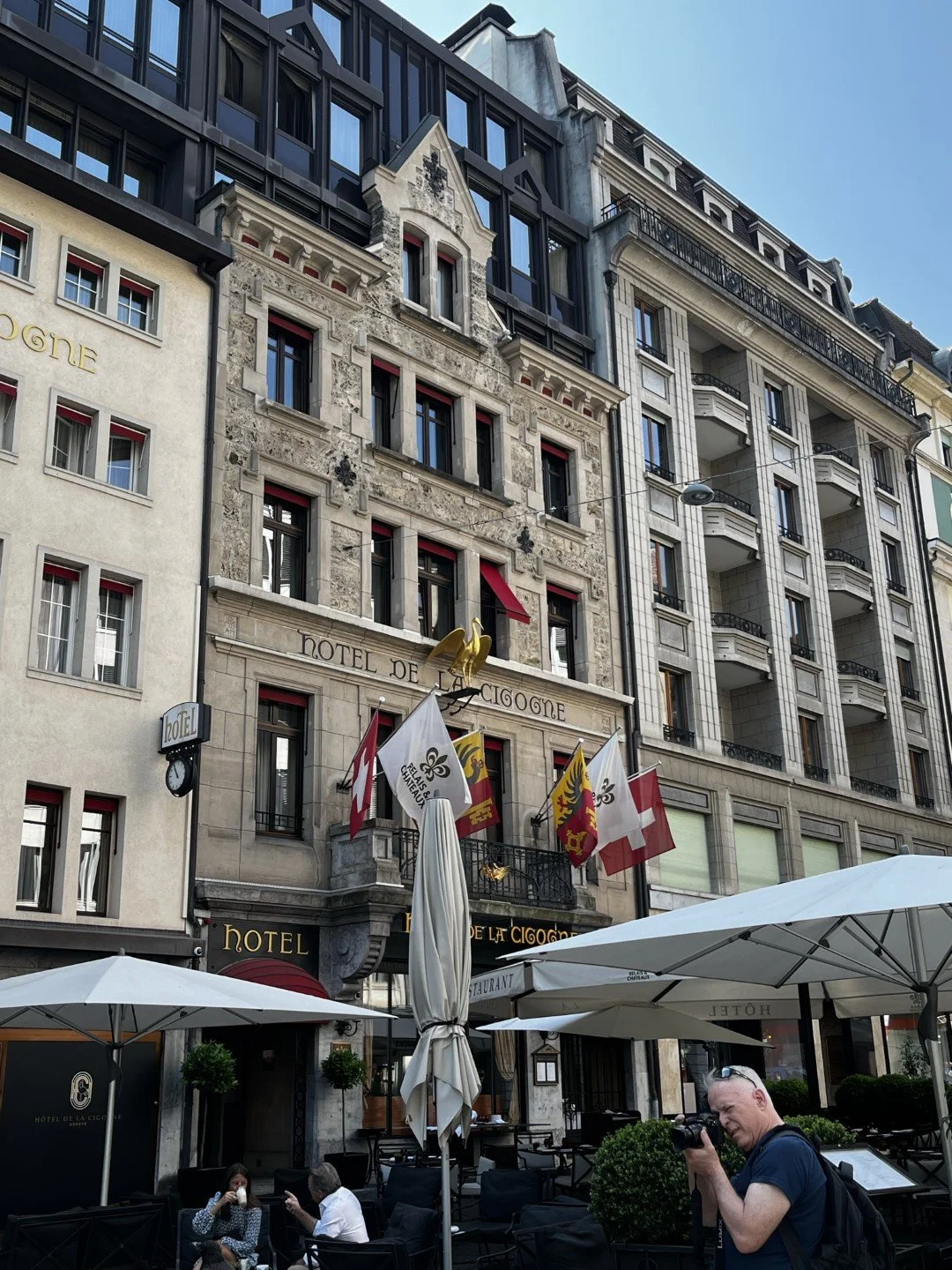 Old Town, Geneva. This is the Hotel De La Cigogne, a 5-star, luxury hotel.