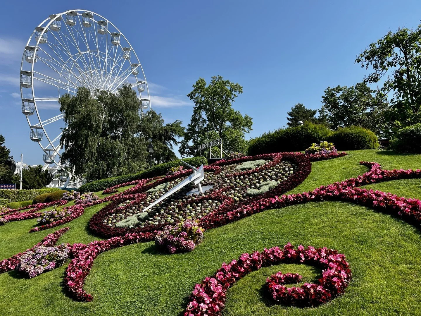 The famous Flower Clock in Geneva which is located in the Jardin Anglais park. It was created in 1955 and keeps perfect time in the Swiss tradition.