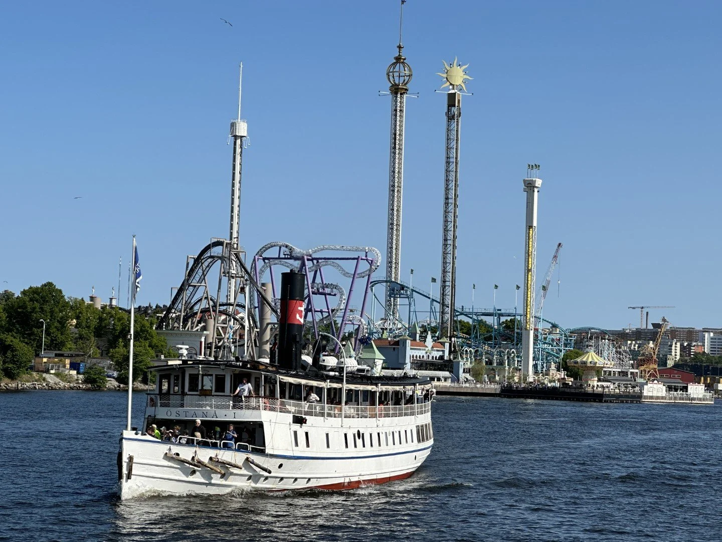 Taking the SL water taxi. View of Gröna Lund amusement park