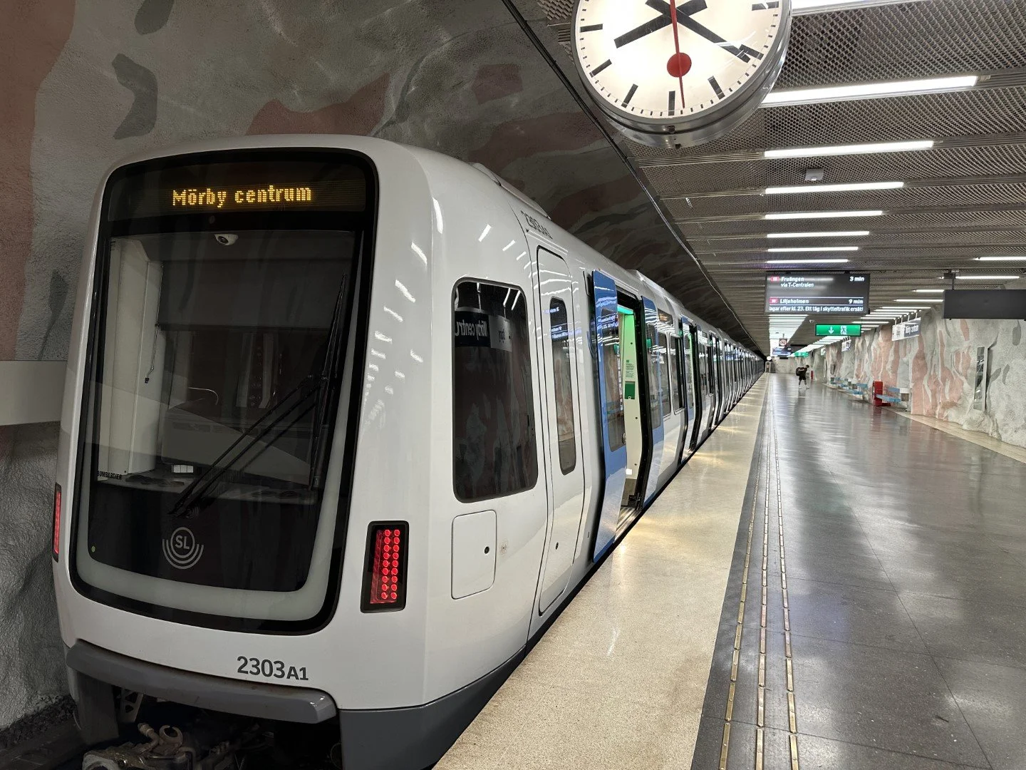 The Tunelbanna train ready to leave Mörby Centrum. This was our stop where we were staying.