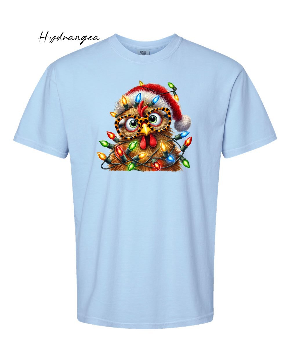 Chicken in lights on Hydrangea tshirt.jpg