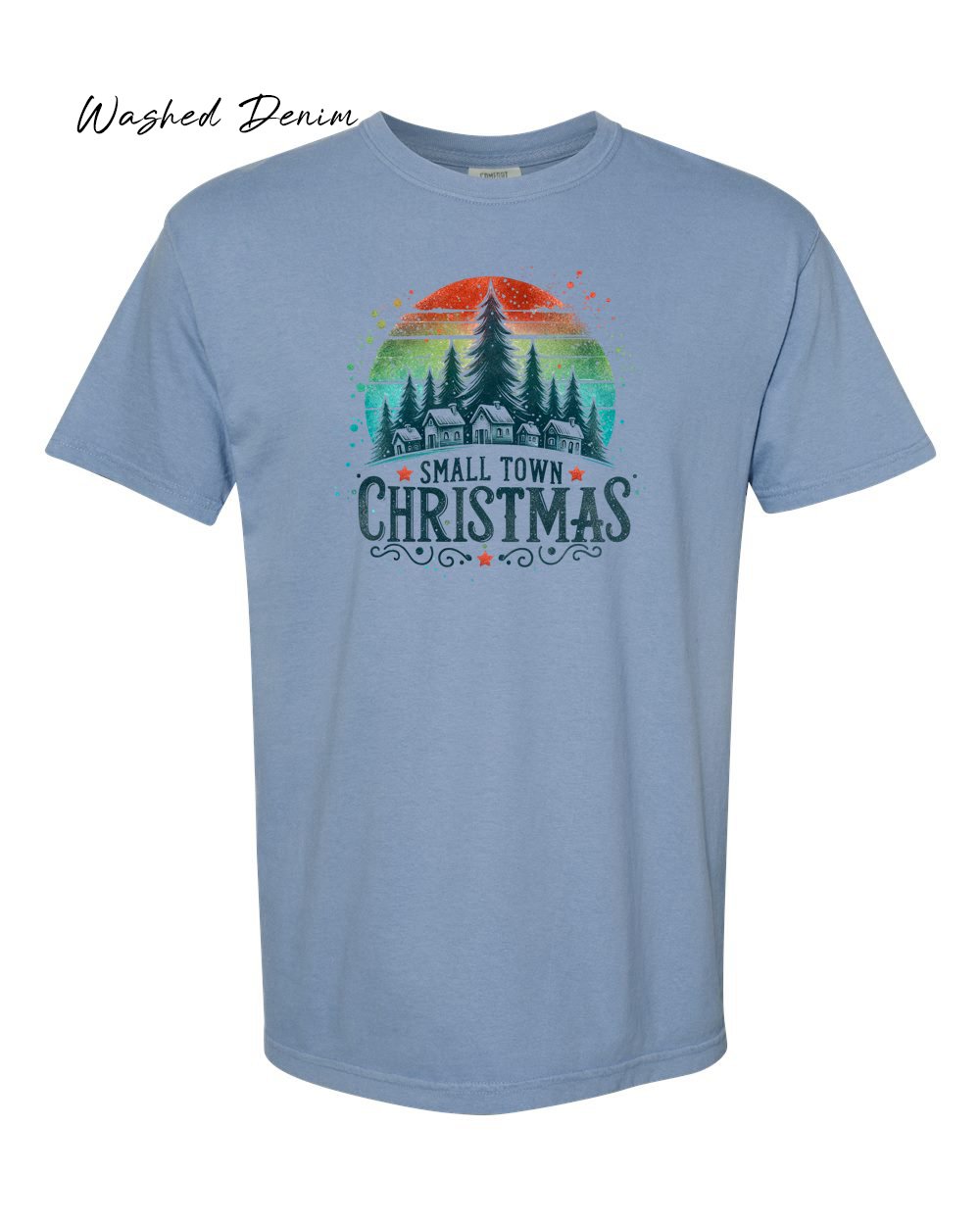 Small town Xmas on Washed denim tshirt.jpg