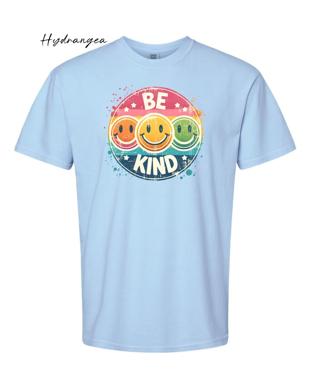 Be kind retro smiley face on Hydrangea tshirt.jpg