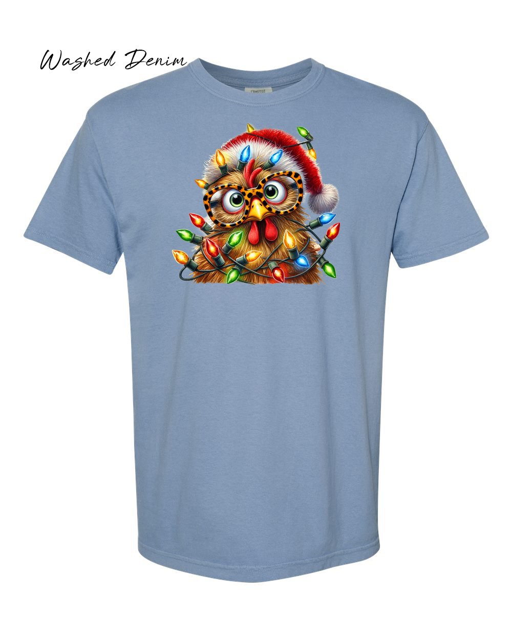 Chicken in lights on Washed denim tshirt.jpg