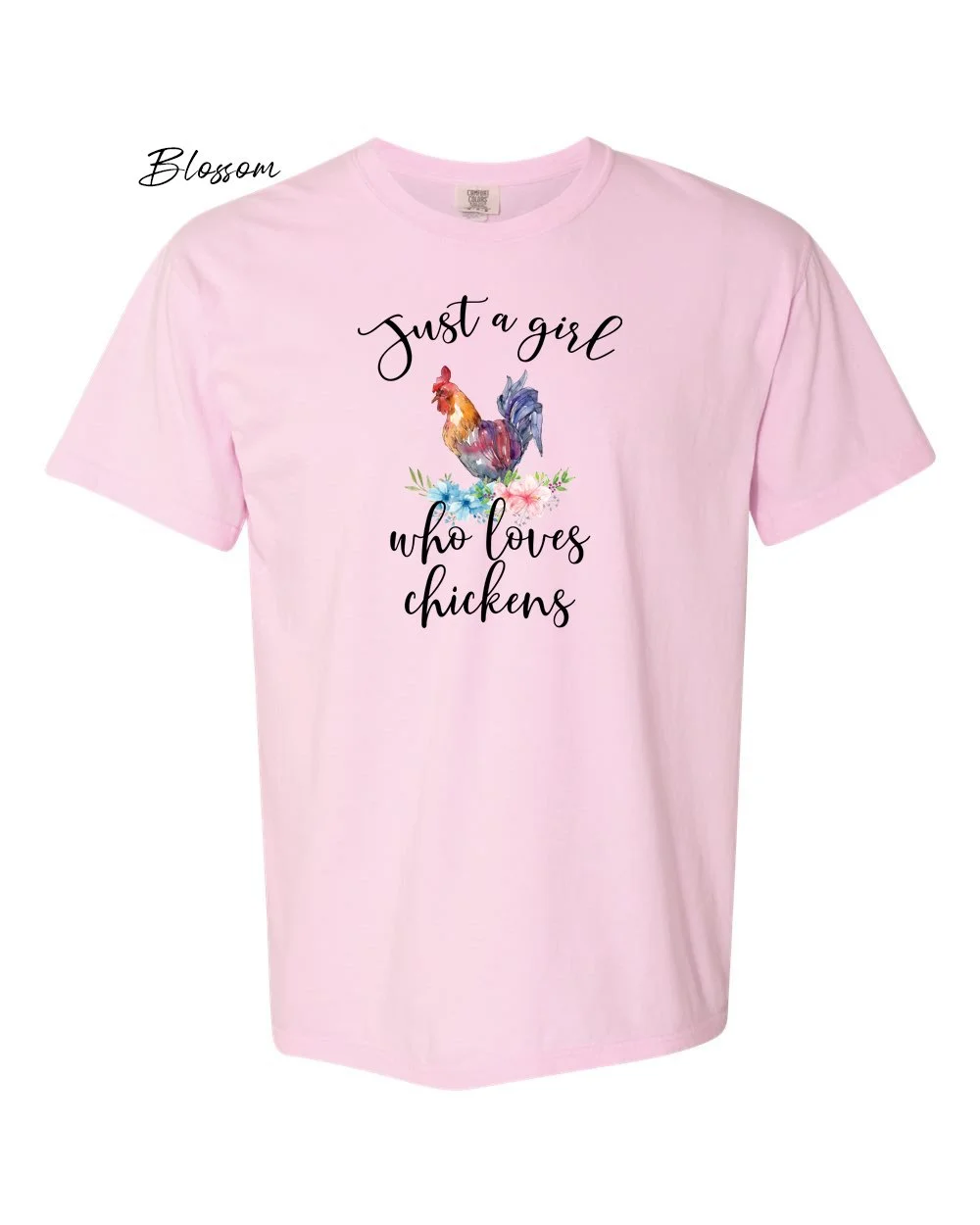 Girl who loves chickens on Blossom tshirt.jpg