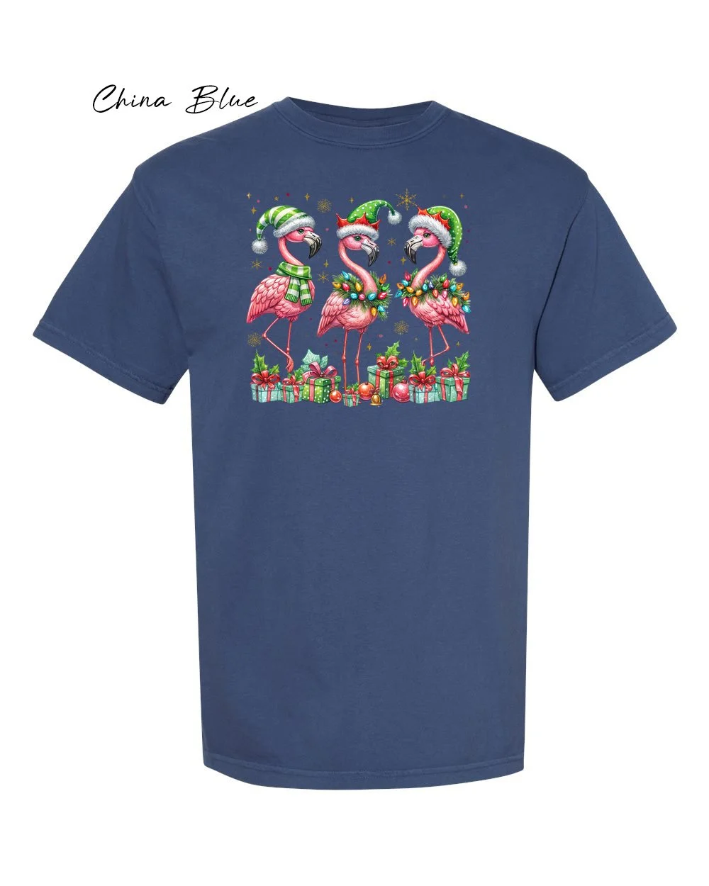 Flamingos on China Blue tshirt.jpg