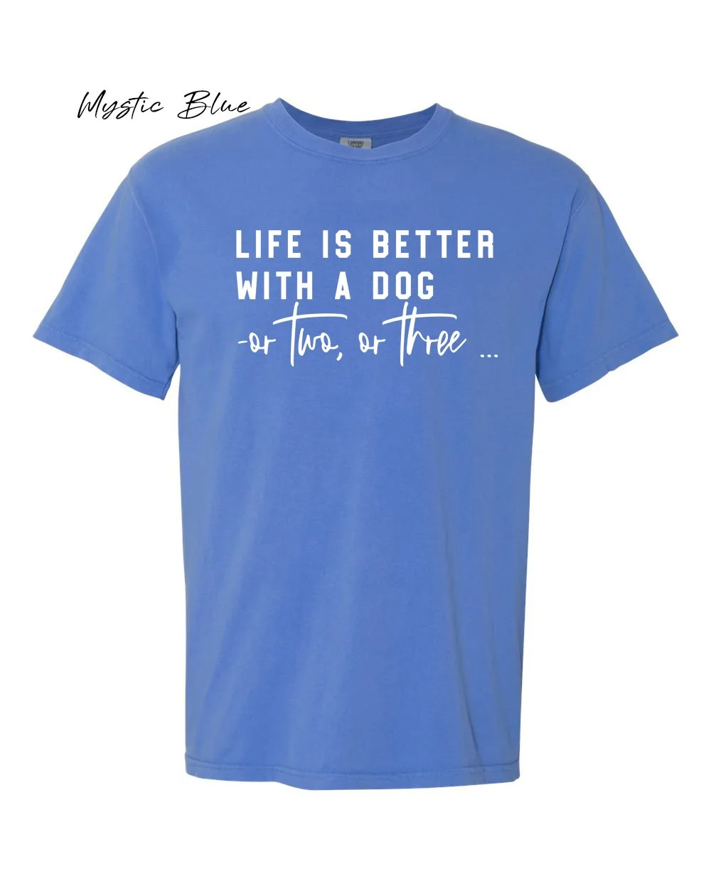 Life is better with a dog on Mystic Blue tshirt.jpg