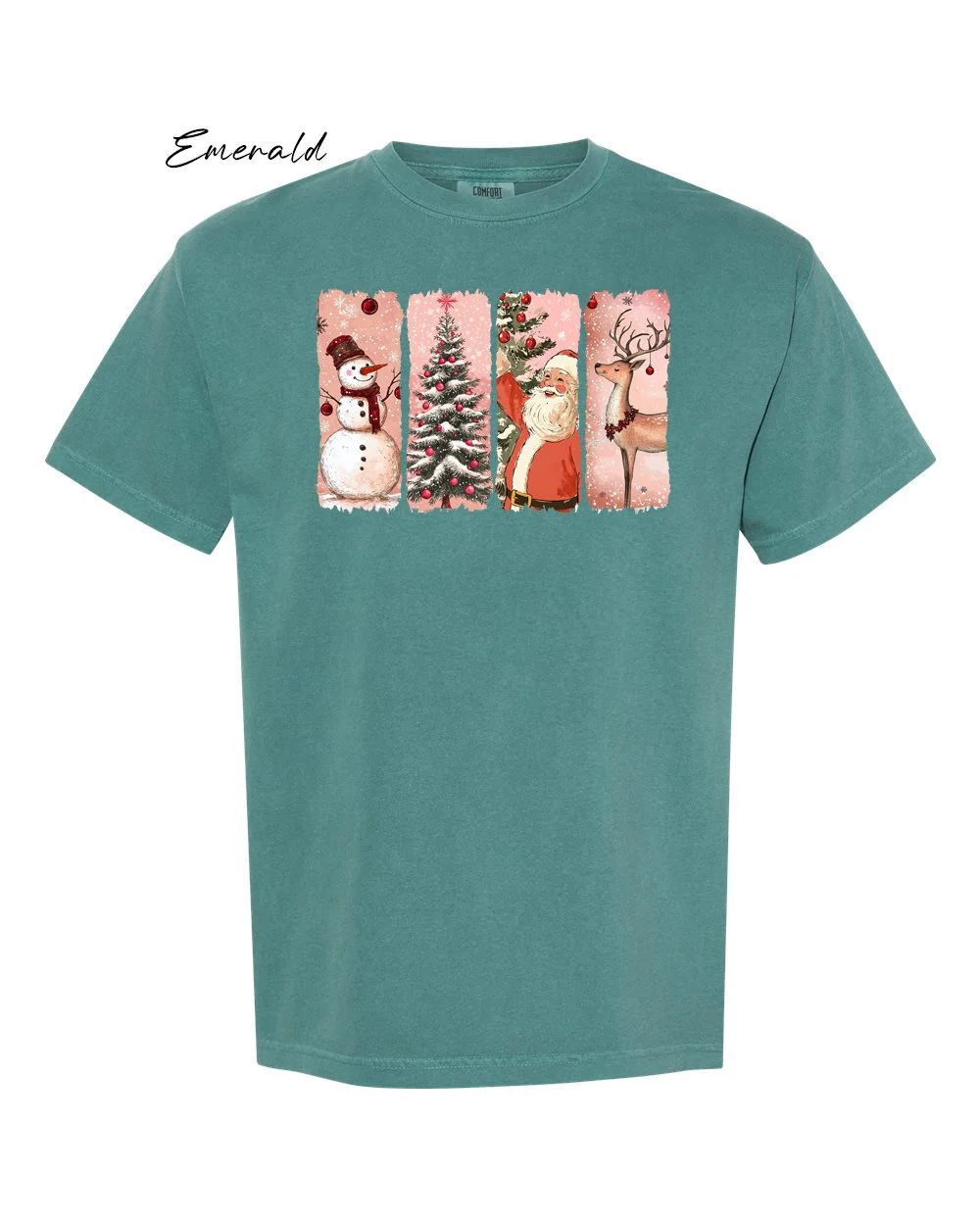 Pink Xmas Panels on Emerald tshirt.jpg