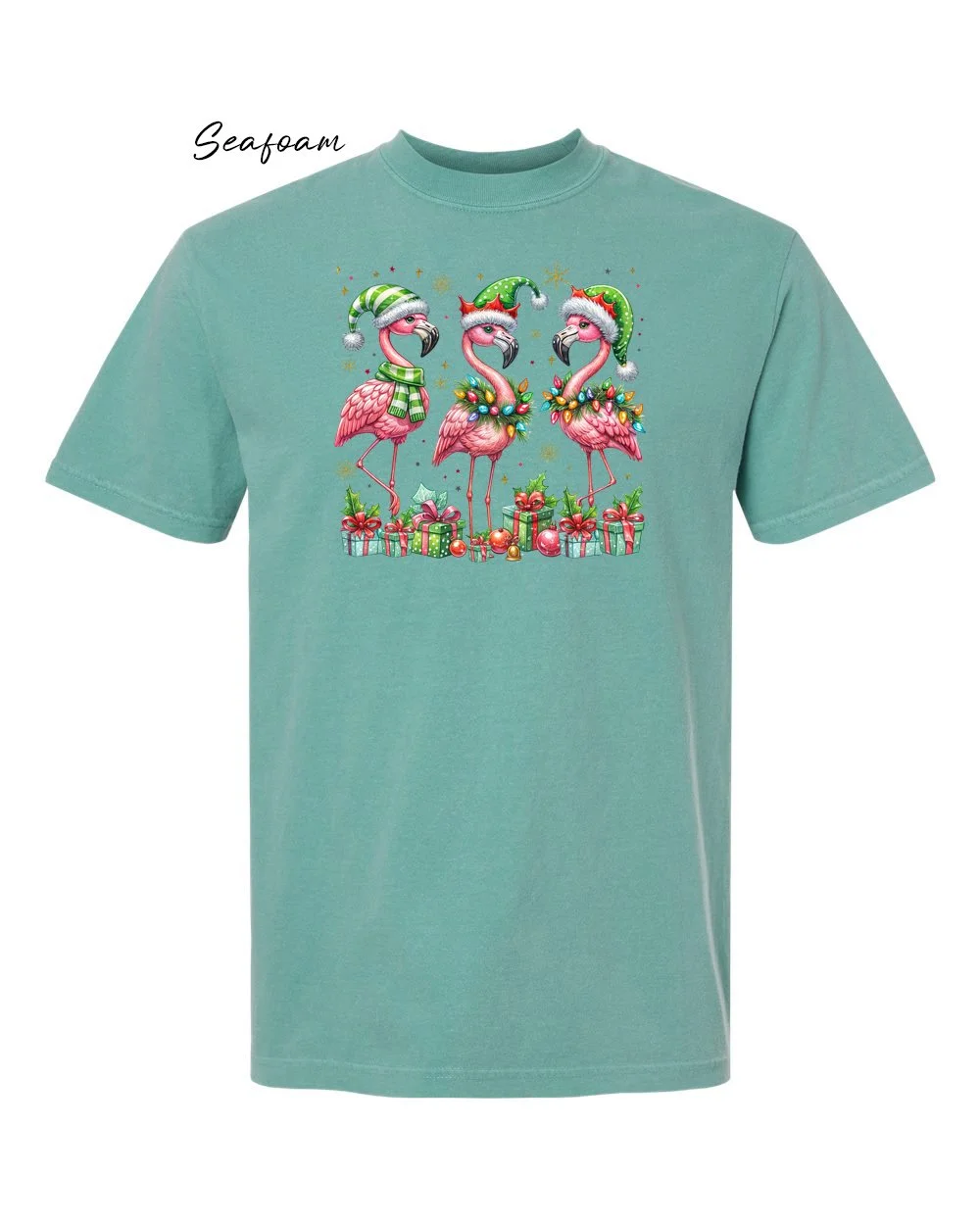 Flamingos on Seafoam tshirt.jpg