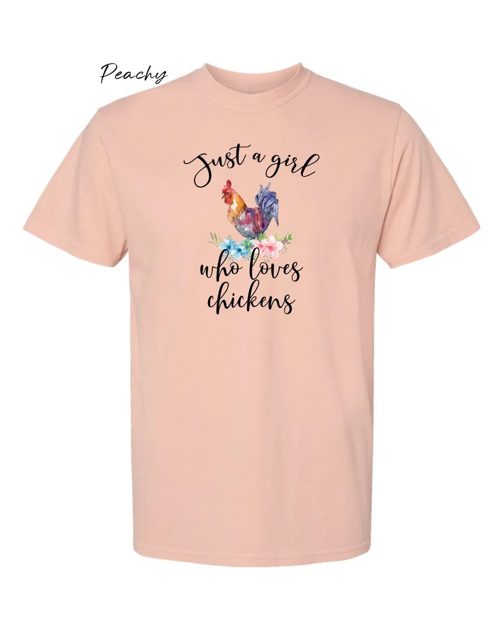Girl who loves chickens on Peachy tshirt.jpg