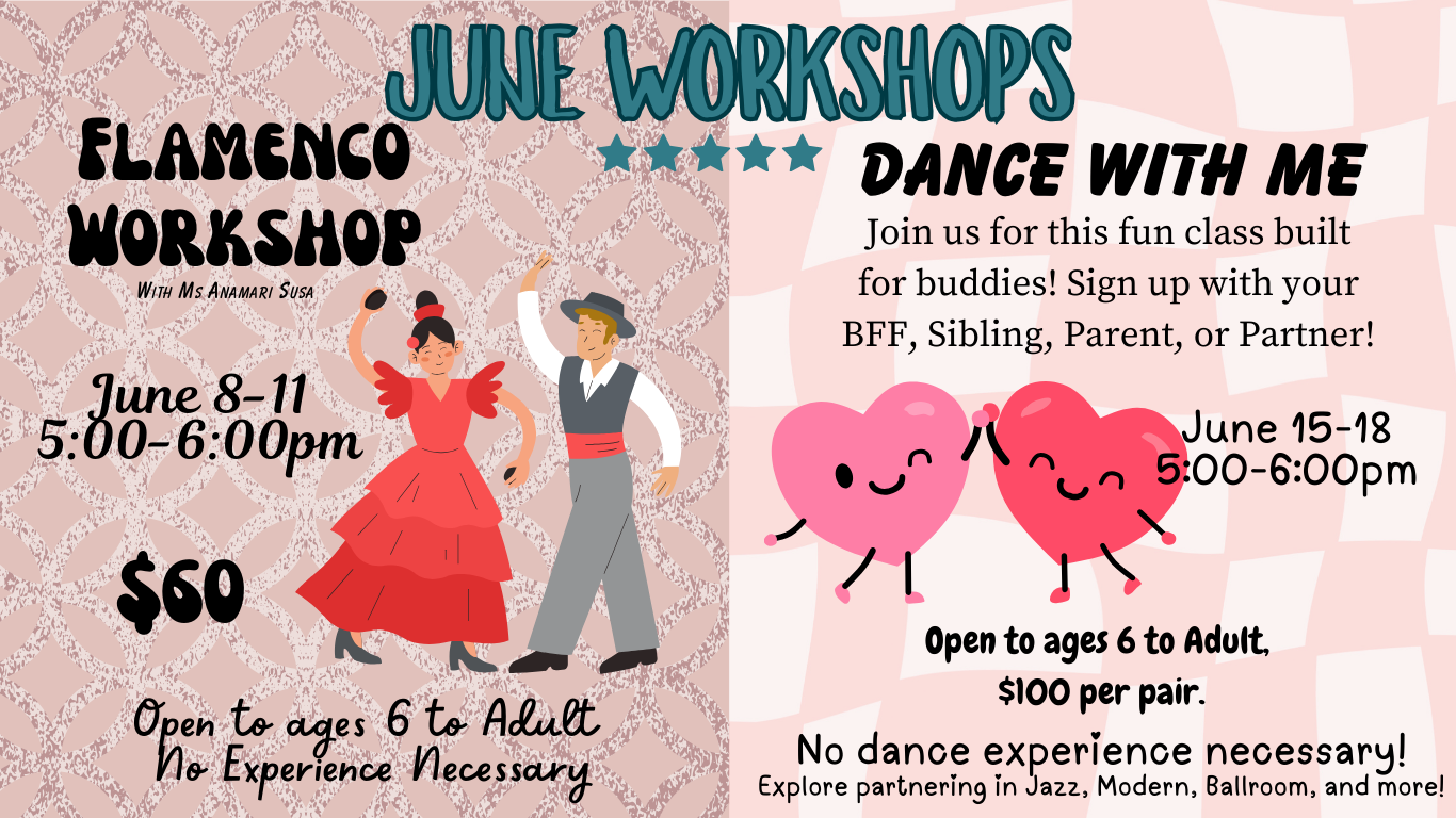 June workshops poster with flamenco workshop & dance with me information
