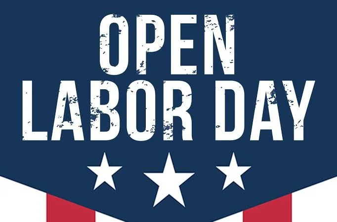 Open labor day graphic with american flag background