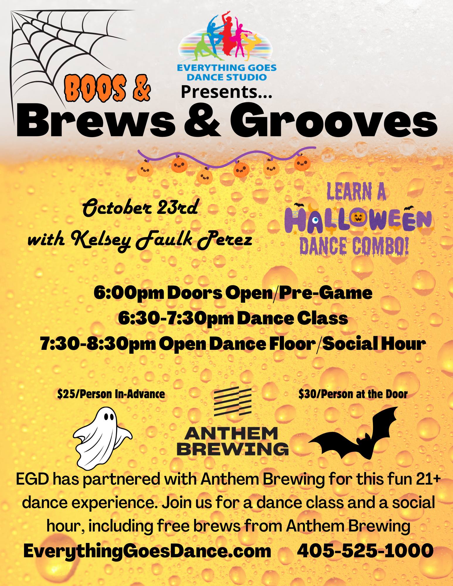 Boos & Brews & Grooves flyer with halloween graphics and a beer background