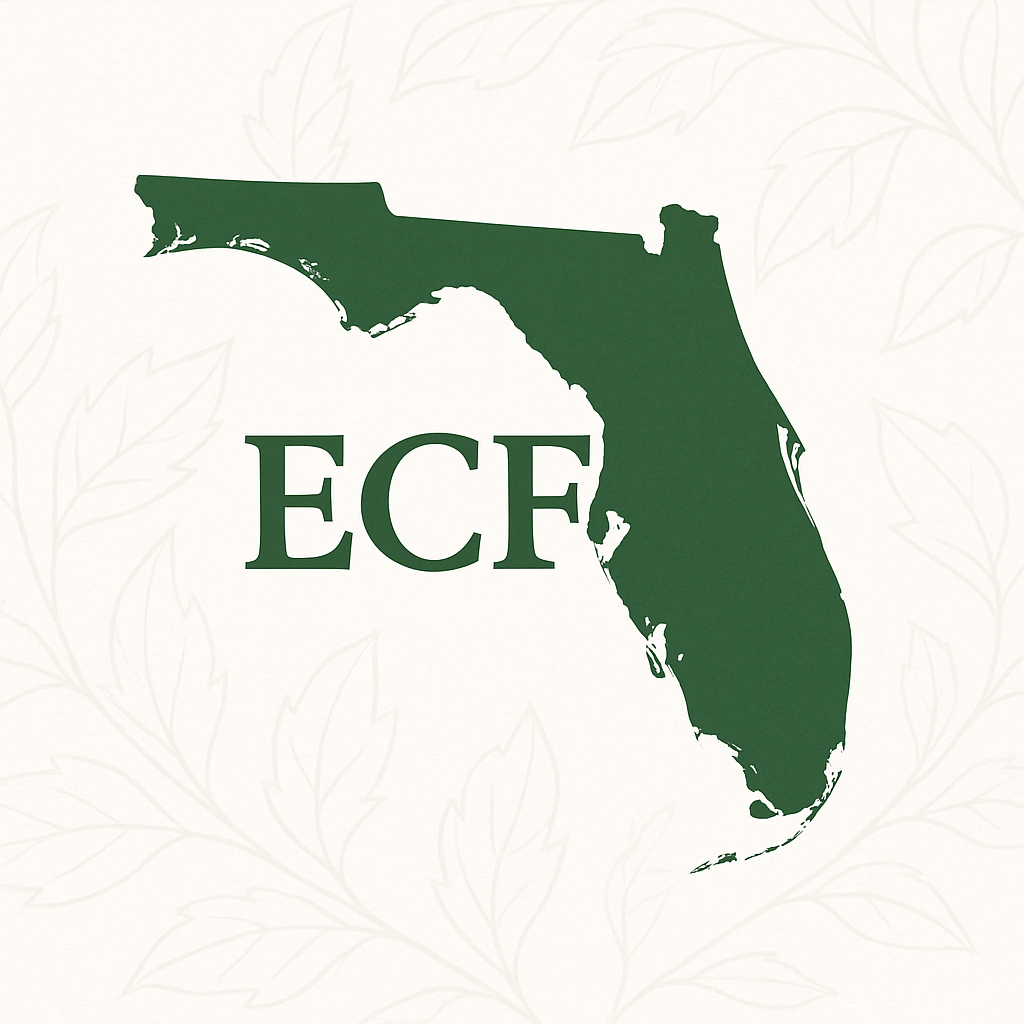 A green silhouette of the state of Florida with the letters 'ECF' inside it.