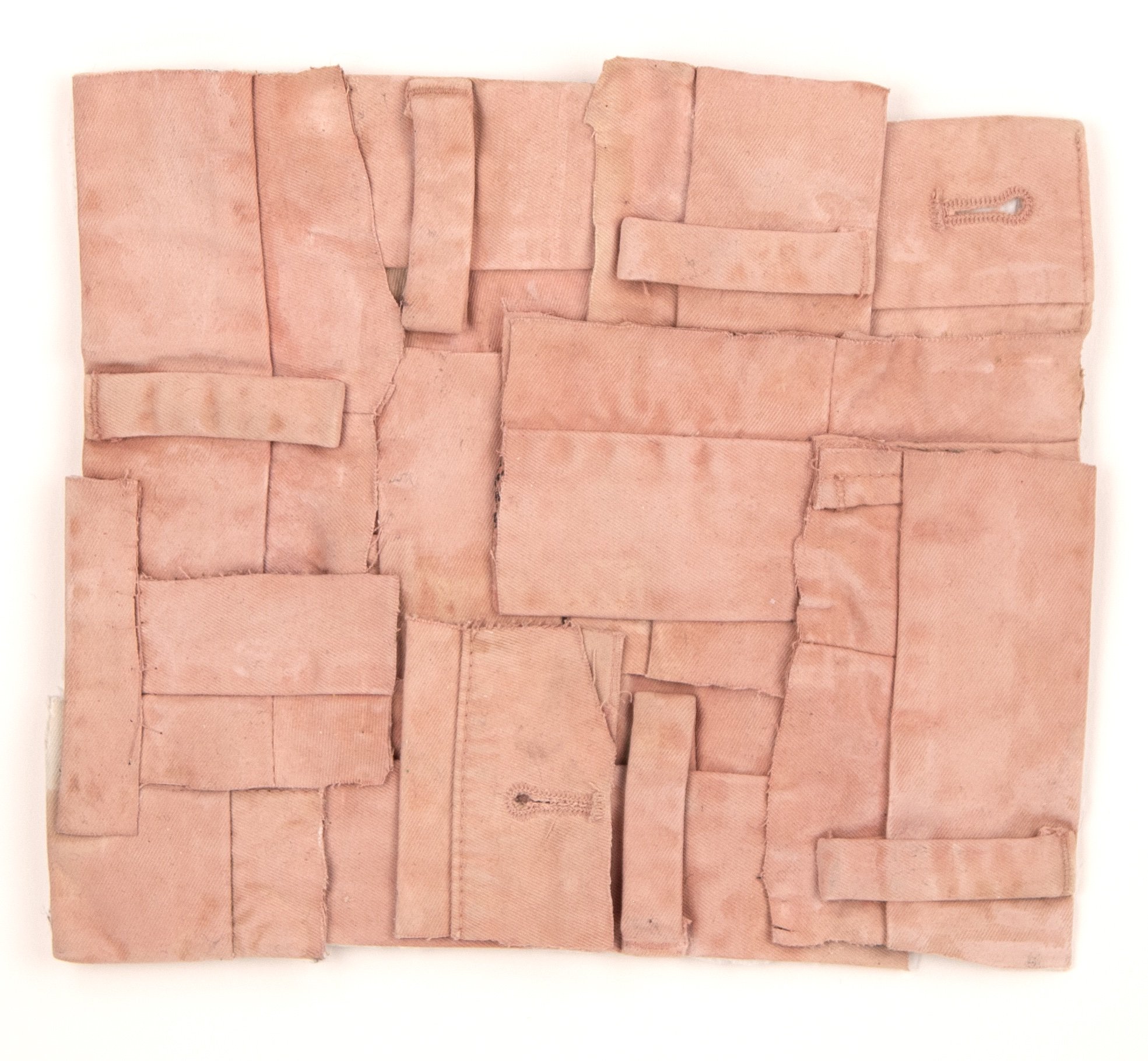 Skin Grid, khaki fabric, glue, acrylic, 8.5" x 7.5", 2021