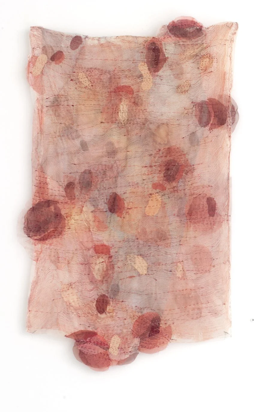 Subcutaneous, cheesecloth, cotton,  spackle, acrylic, thread, pins,  22" x 39" x 2", 2024