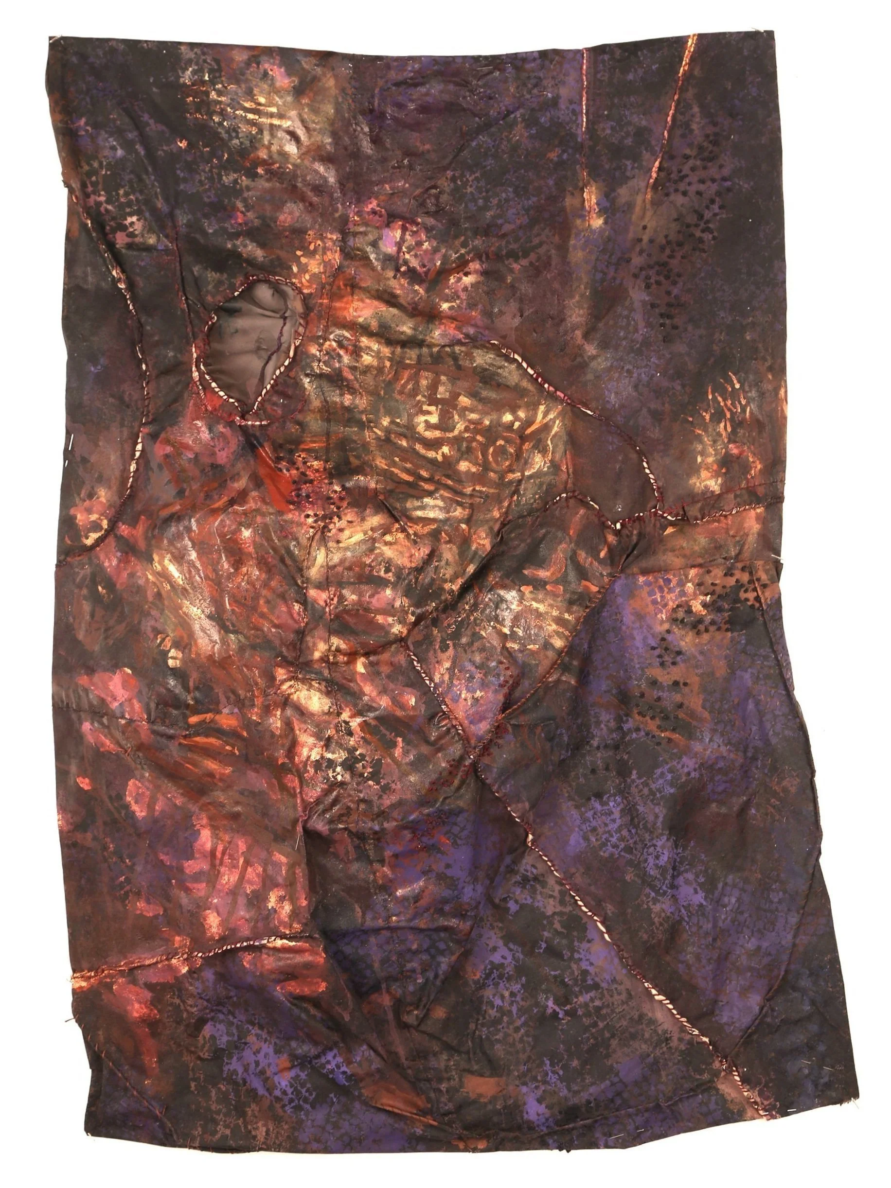 Bete Noire, cotton, acrylic, gold leaf, 
 copper leaf, embroidery thread, 20" x 45" x 4", 2022
