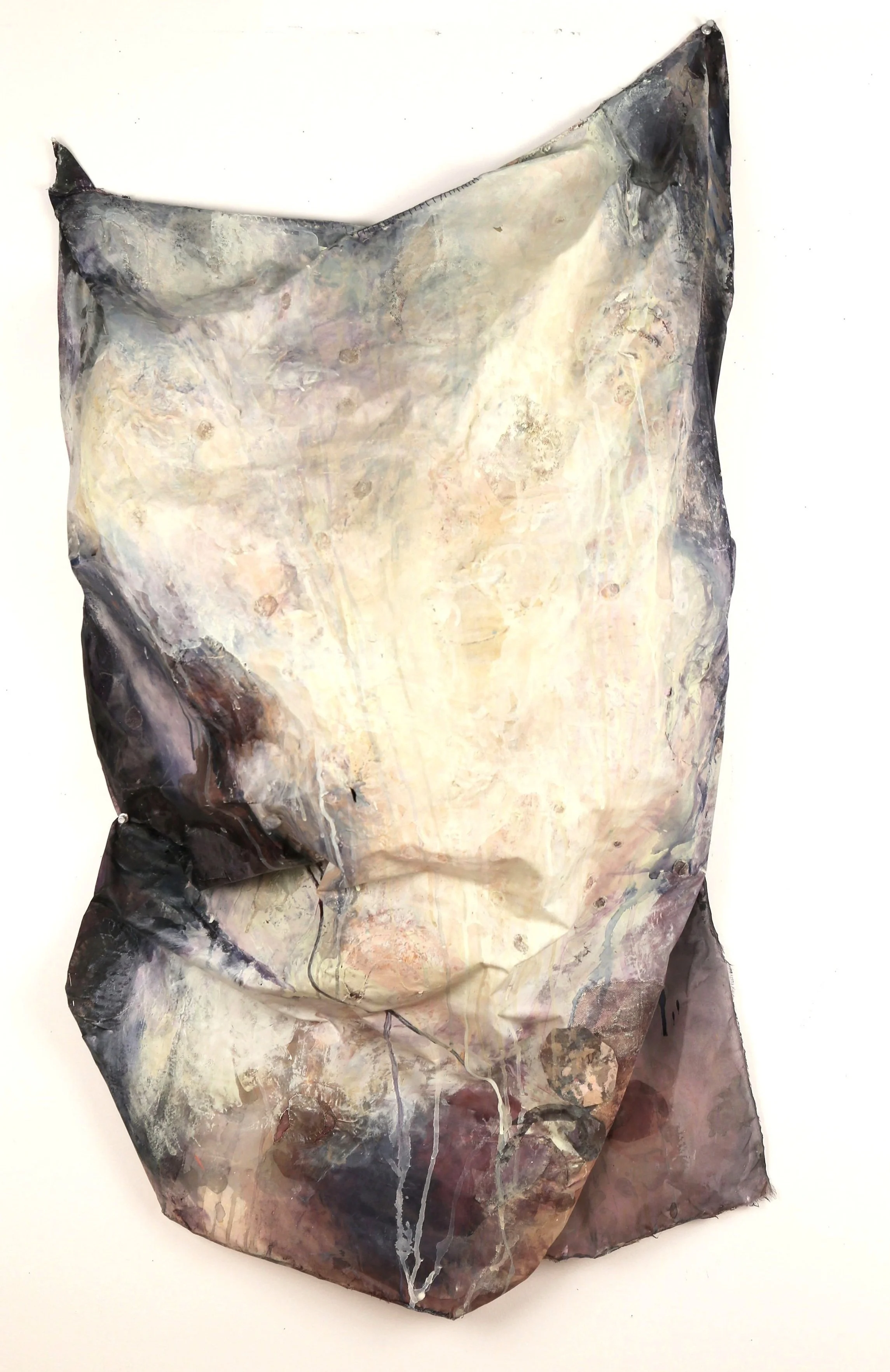 Descent, organza, acrylic paint, thread, 24" x 48" x 8", 2021