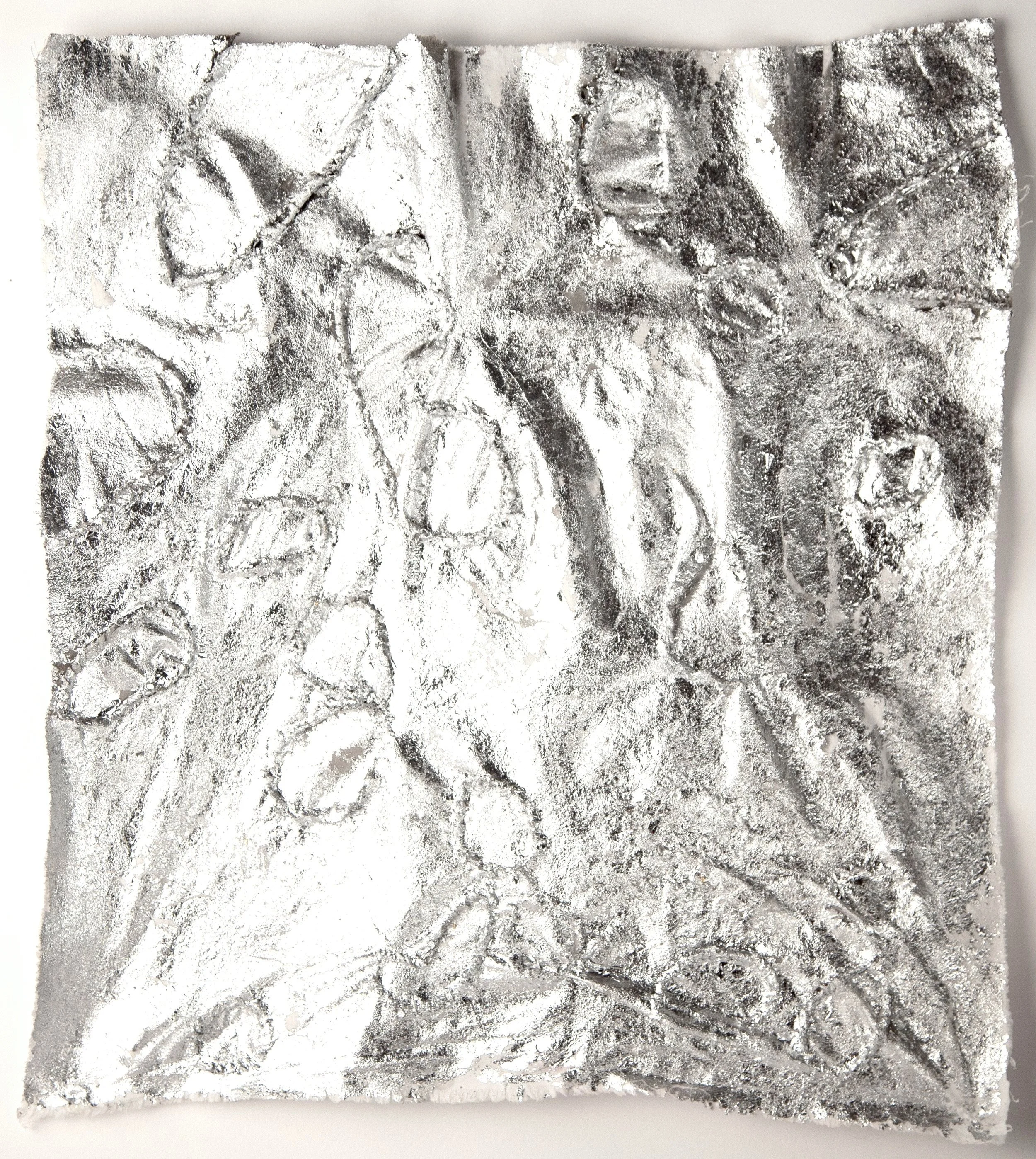Tracks(material study), cotton, india ink, silver leaf, thread, 16" x 15" x 2", 2025
