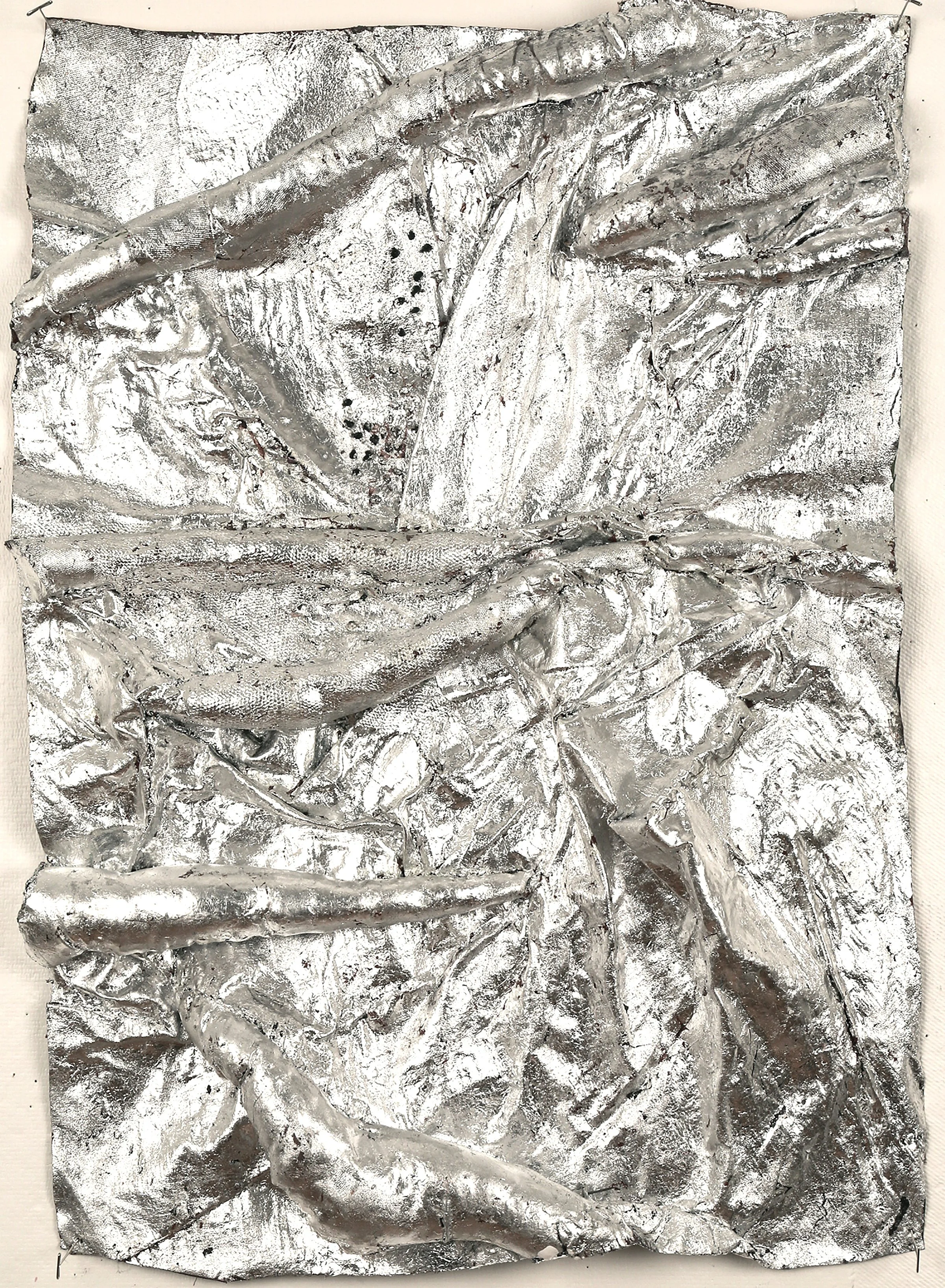 Silver Welts, cotton, embroidery thread, acrylic, silver leaf, 17" x 25" x 3", 2023
