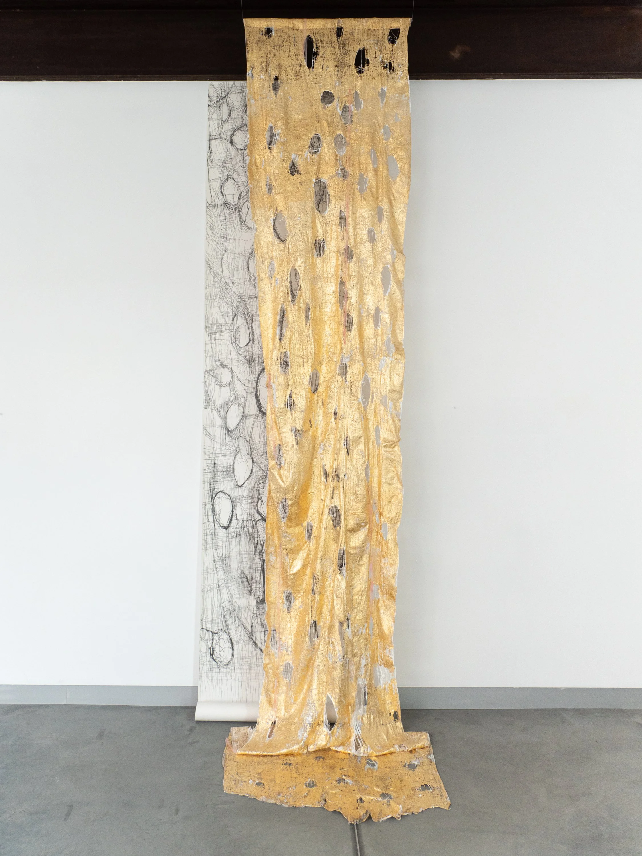 Chrysopoeia, paper, graphite, cheesecloth, spackle, polymer, gold leaf, lucite, 42" x 12' x 8', 2024